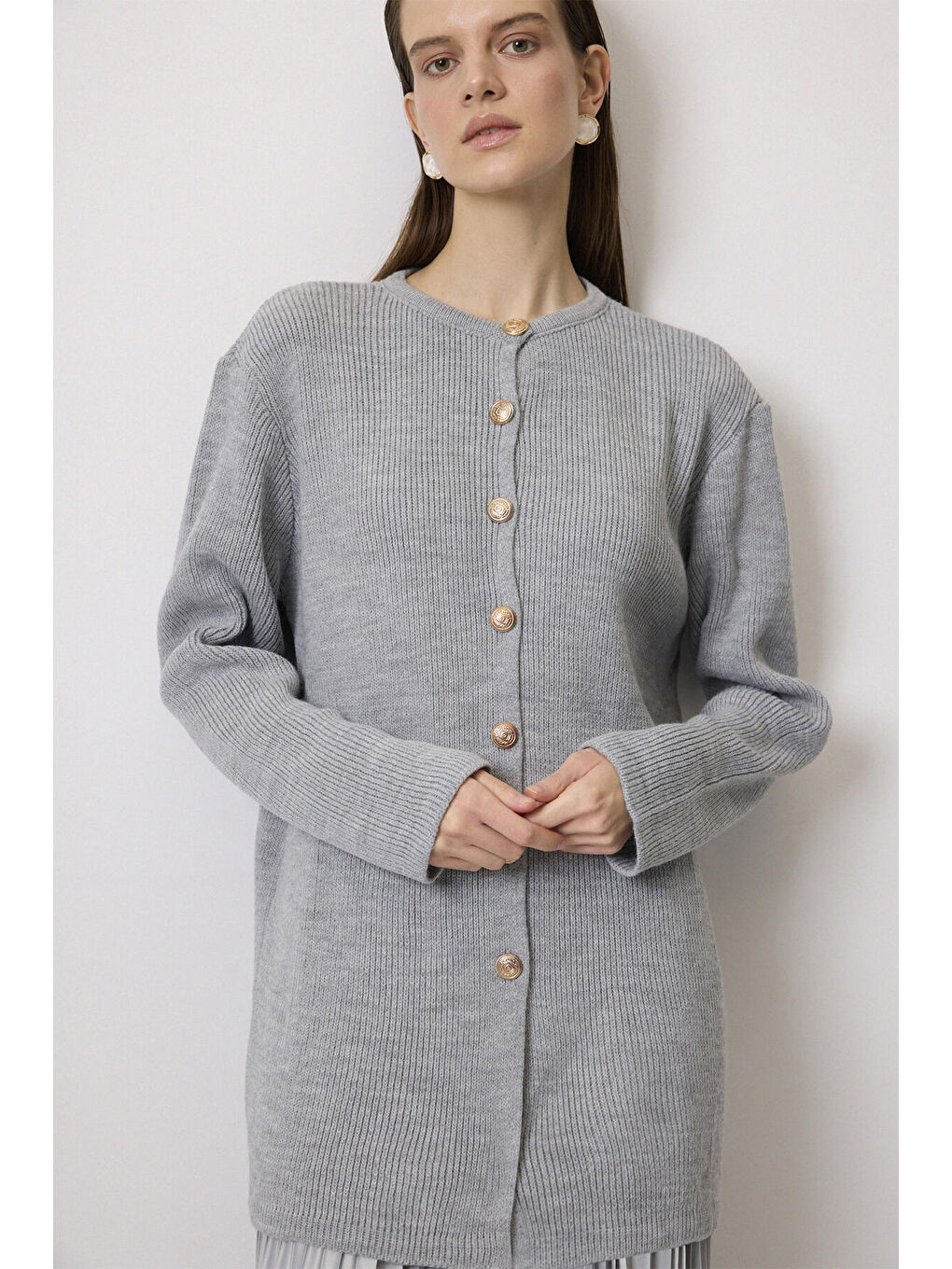 Gri Gold Düğmeli Uzun Hırka-2