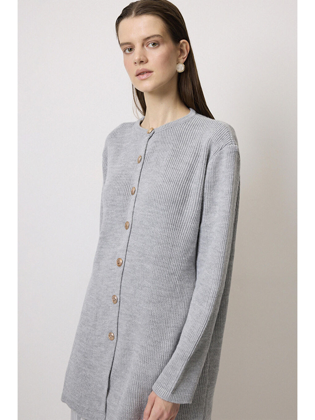 Gri Gold Düğmeli Uzun Hırka-3