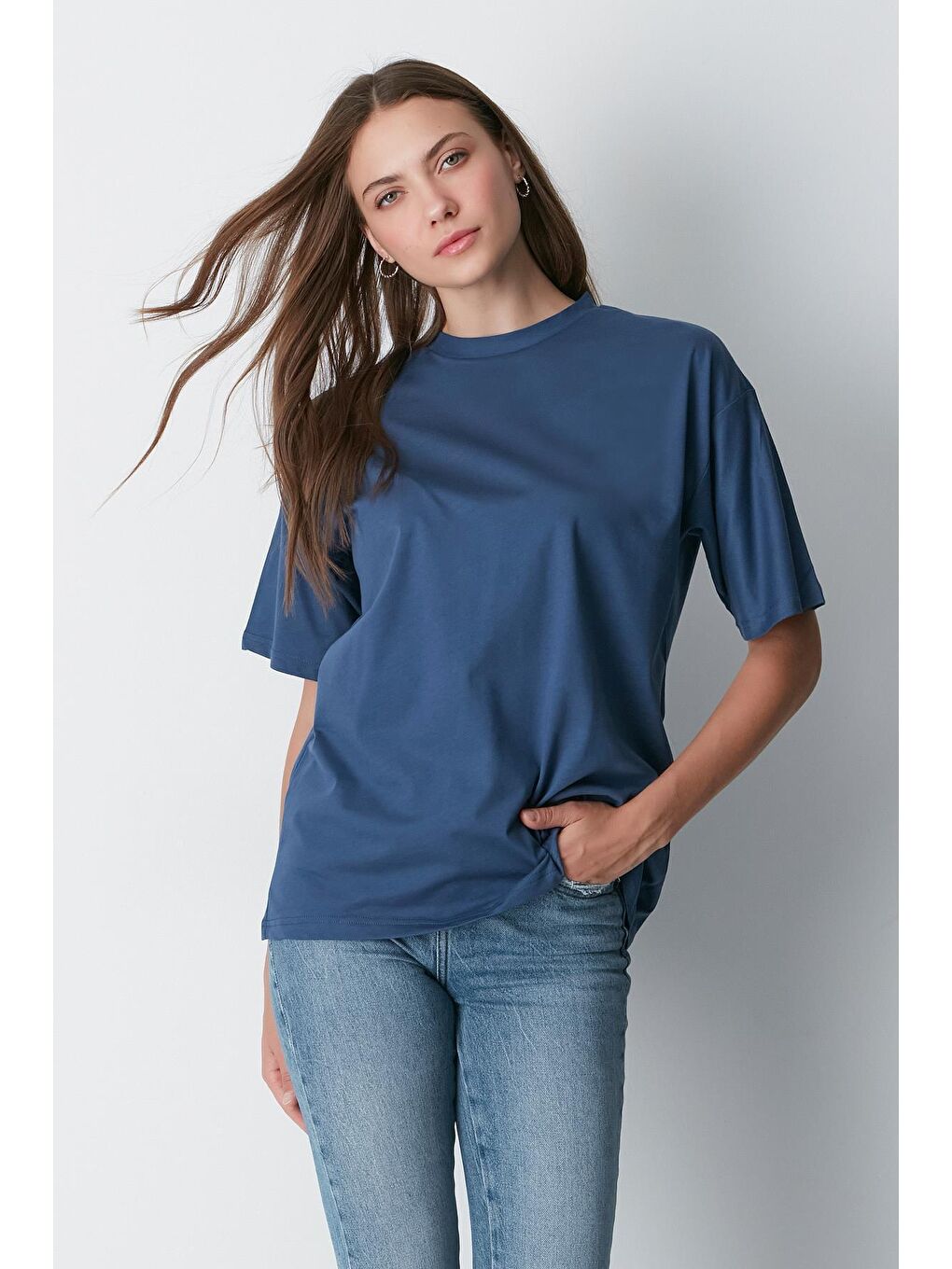 Bisiklet Yaka Kısa Kol 2'Li Casual Basic T-Shirt 961 İndigo/Gri-4