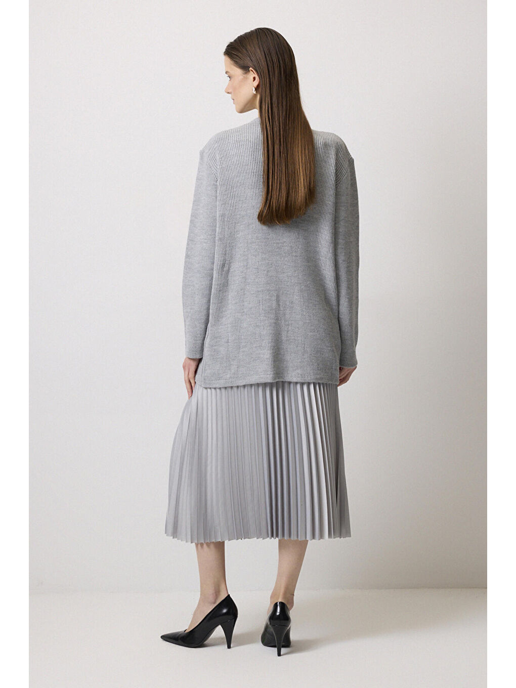 Gri Gold Düğmeli Uzun Hırka-4