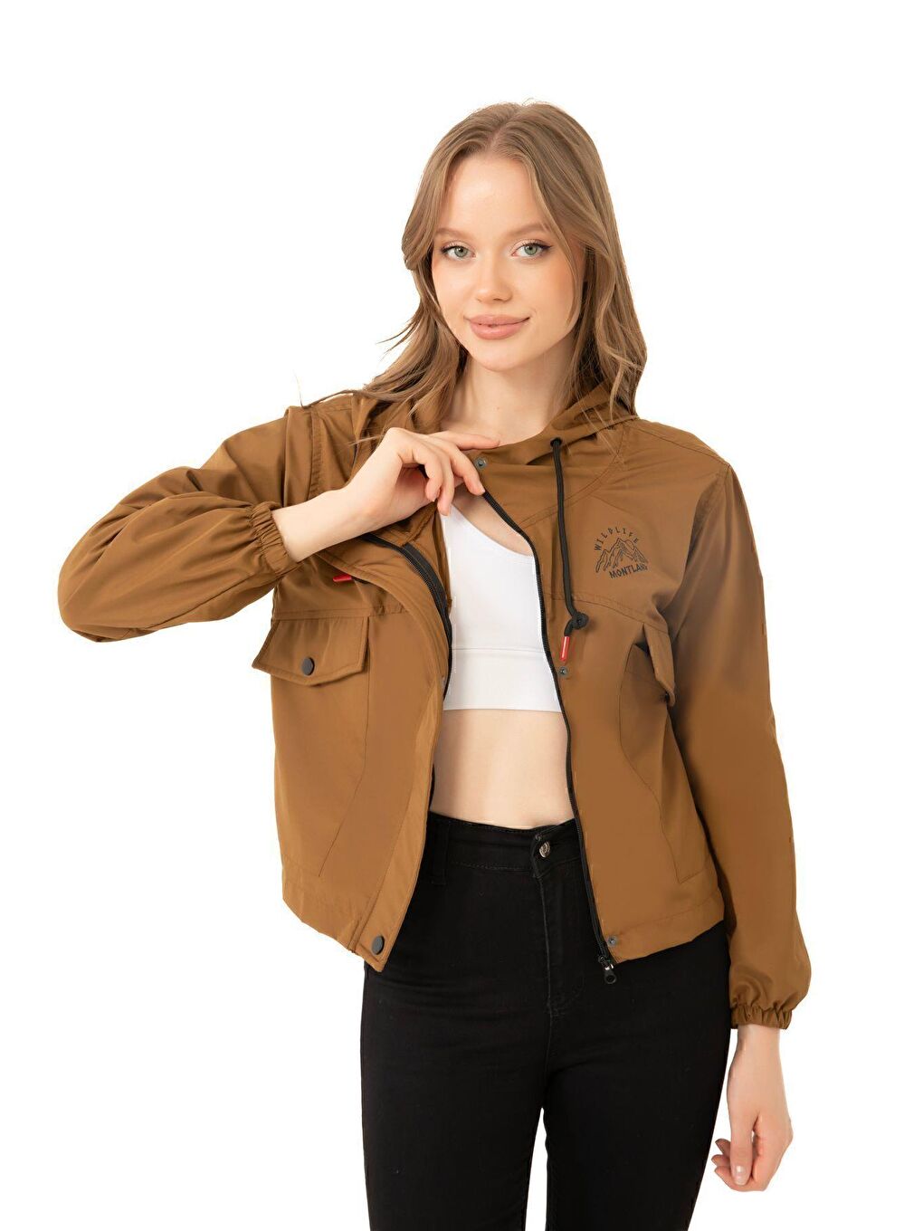 Kahverengi Kadın Su Geçirmez Ve Rüzgara Dayanıklı Kapüşonlu Çıt Çıtlı Mevsimlik Yağmurluk-1