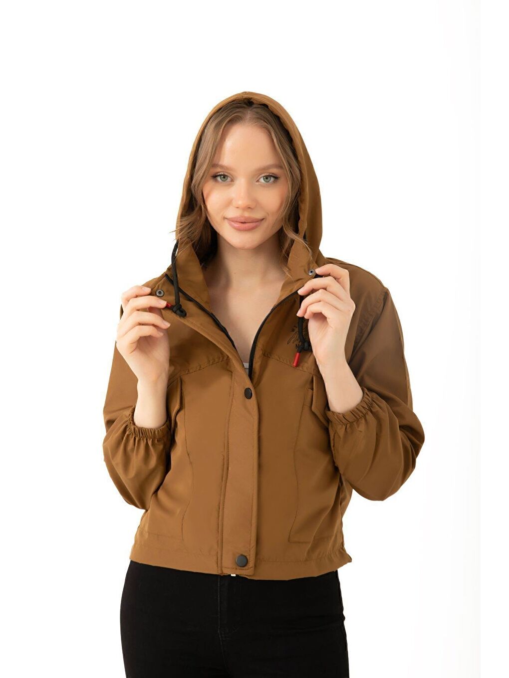 Kahverengi Kadın Su Geçirmez Ve Rüzgara Dayanıklı Kapüşonlu Çıt Çıtlı Mevsimlik Yağmurluk-2