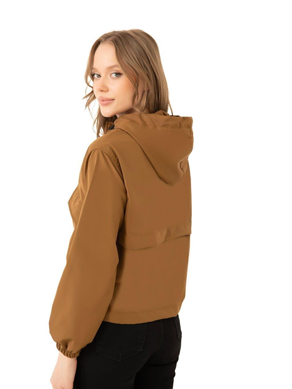 Kahverengi Kadın Su Geçirmez Ve Rüzgara Dayanıklı Kapüşonlu Çıt Çıtlı Mevsimlik Yağmurluk-3