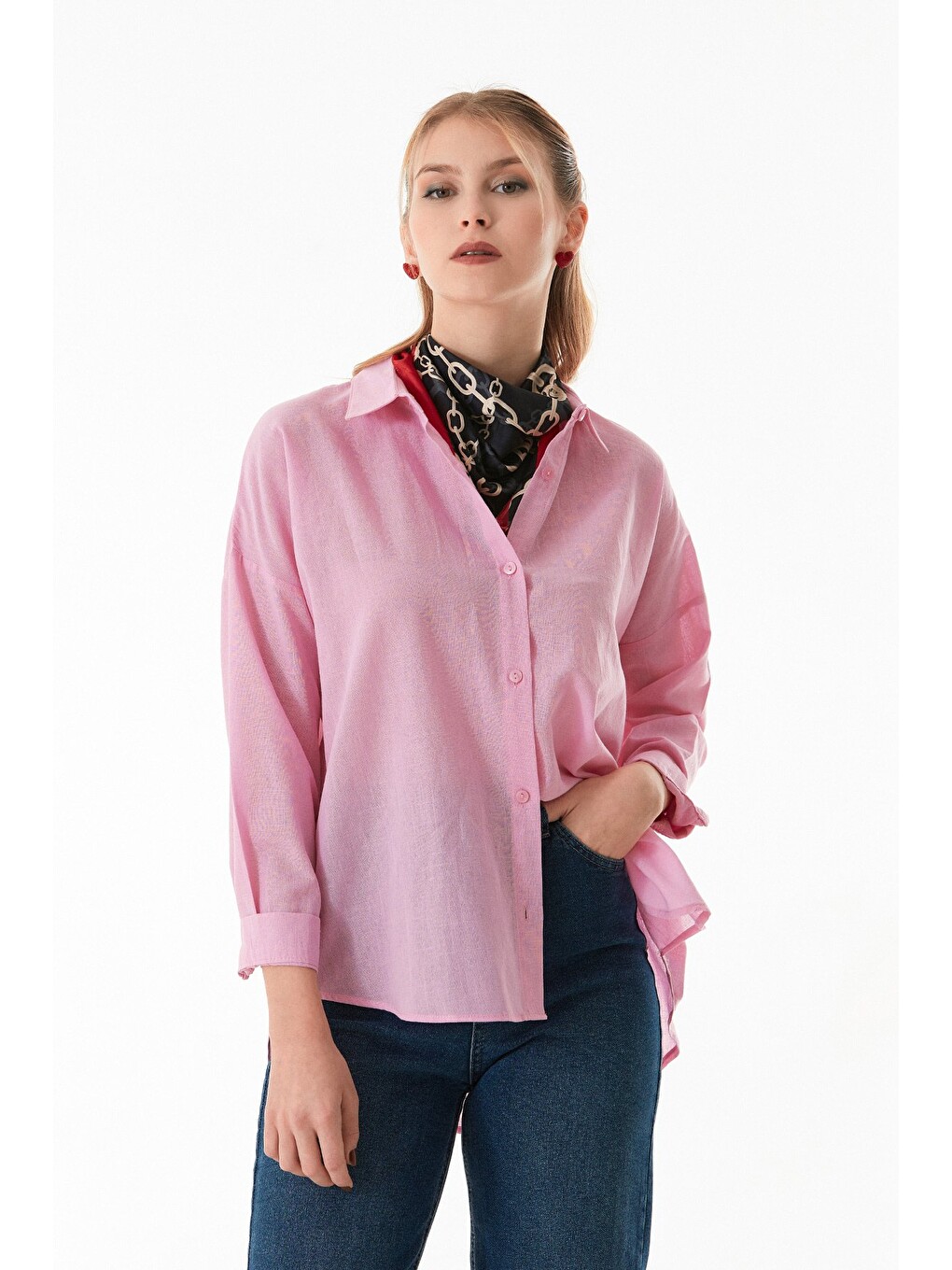 Pembe Basic Arkası Uzun Salaş Gömlek