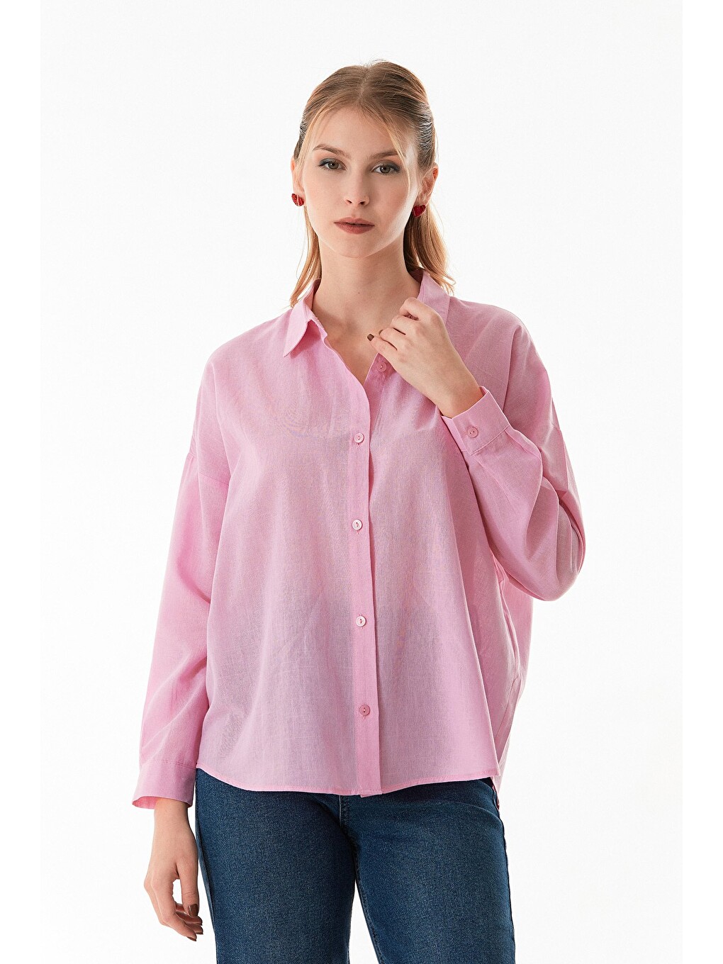 Pembe Basic Arkası Uzun Salaş Gömlek-2