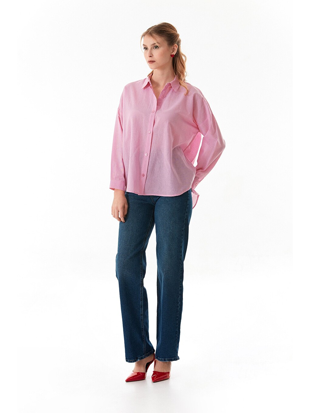 Pembe Basic Arkası Uzun Salaş Gömlek-3