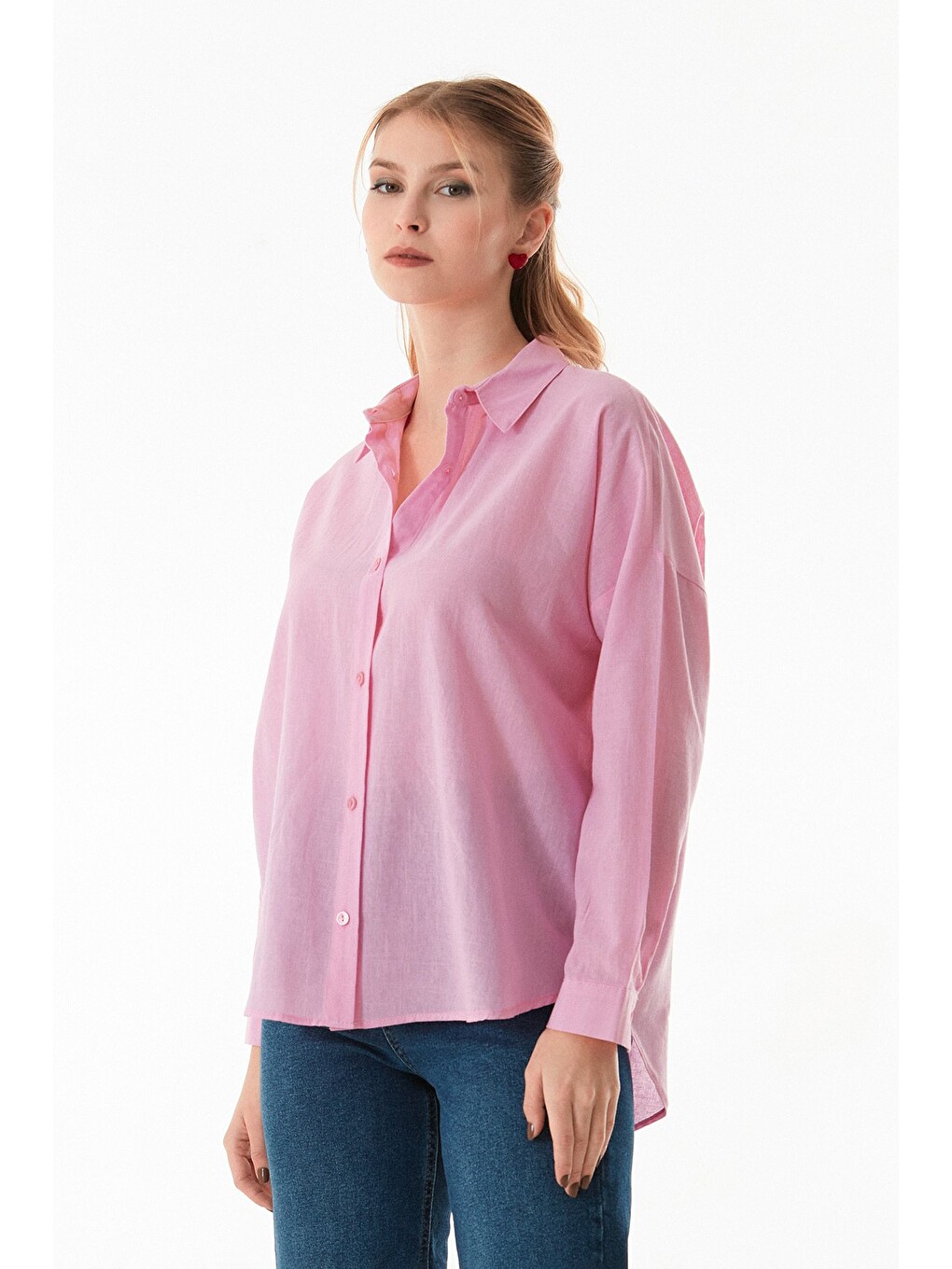 Pembe Basic Arkası Uzun Salaş Gömlek-4