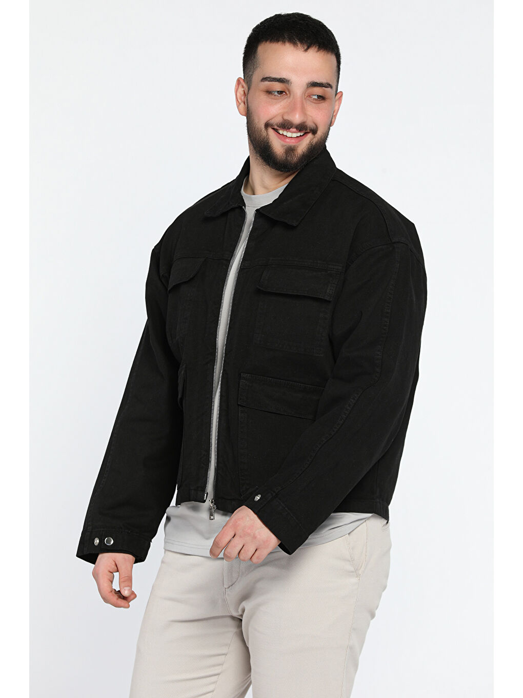 Siyah Erkek Ön Fermuarlı Oversize Ceket-1