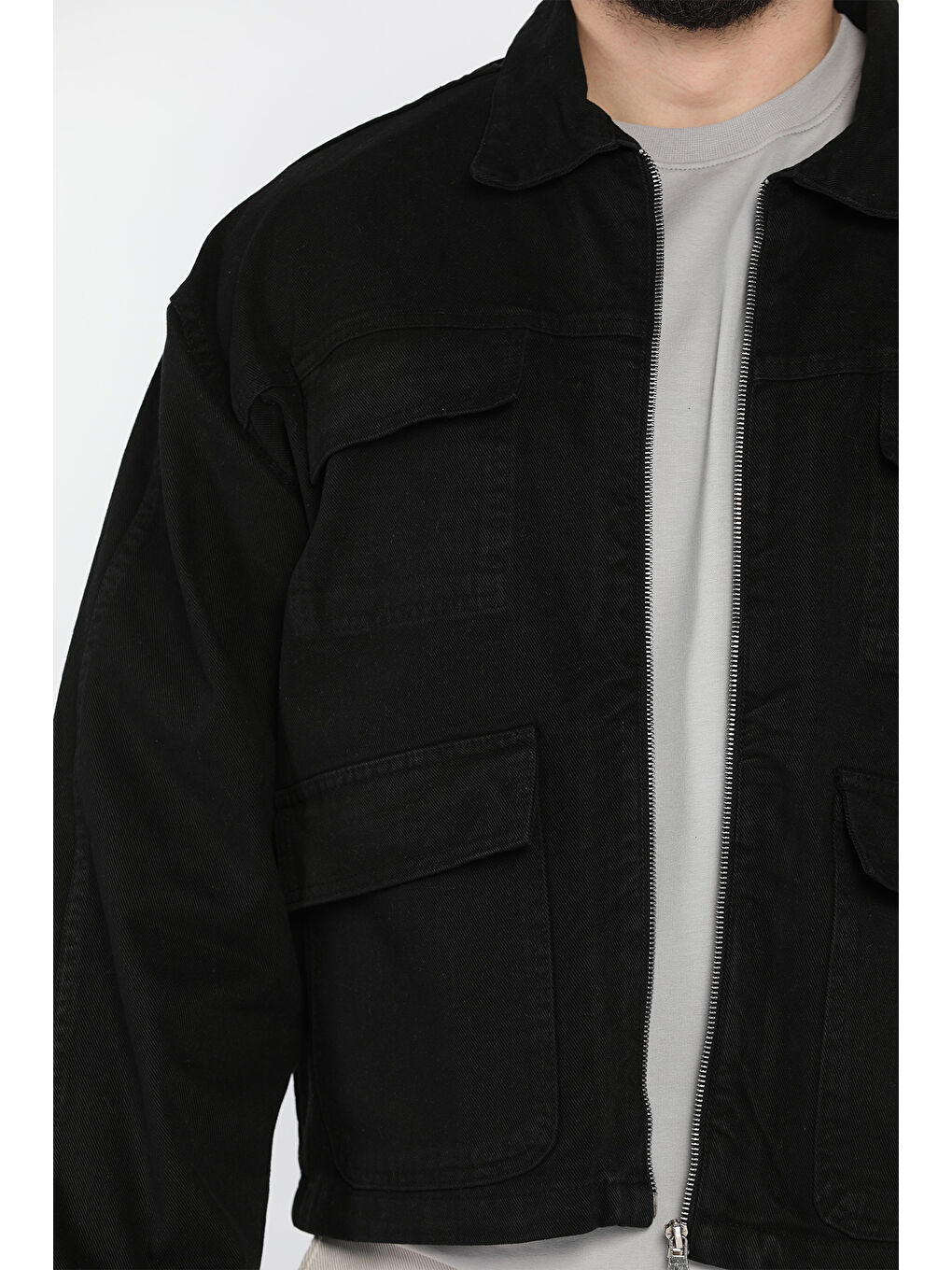 Siyah Erkek Ön Fermuarlı Oversize Ceket-3