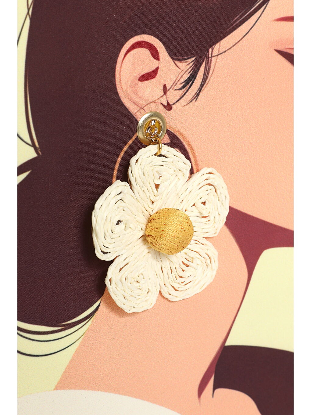 Kadın Figür Baskılı Yan Yırtmaçlı Oversize Tişört Sarı-1