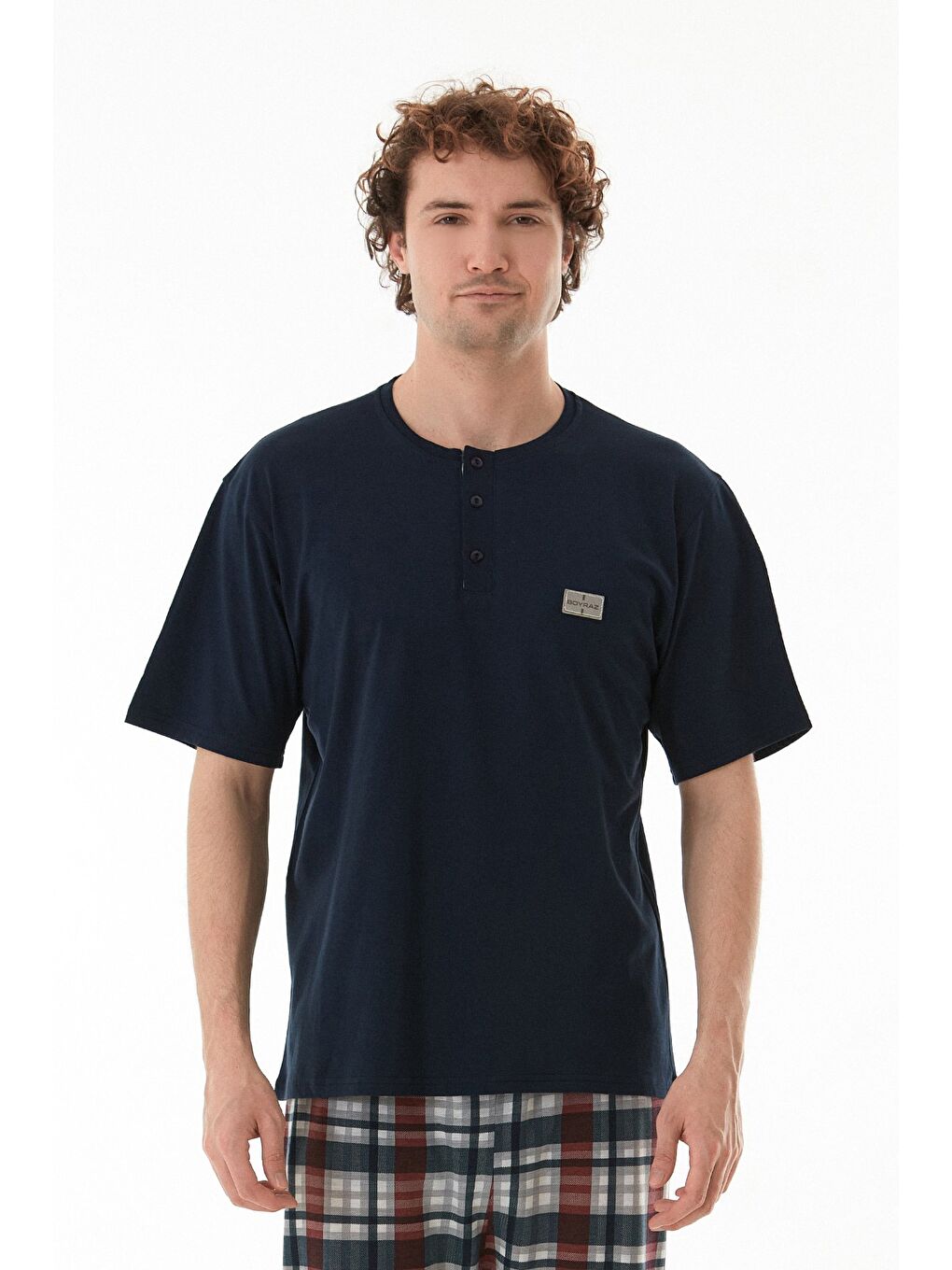 Mavi Ekose Desenli %100 Pamuk Pijama Takımı-1