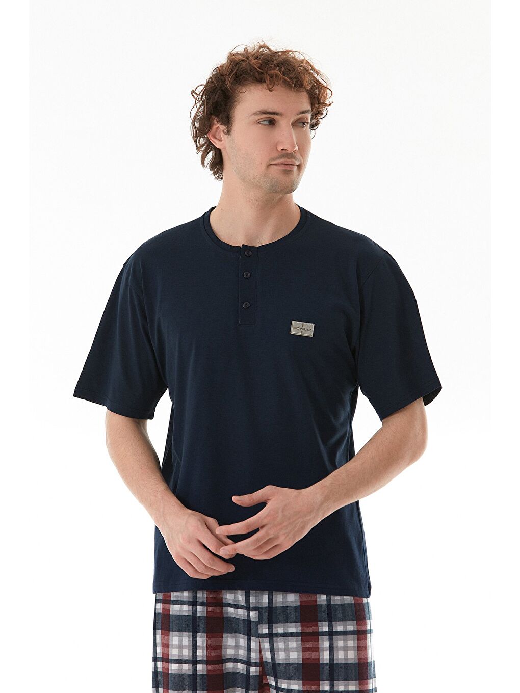 Mavi Ekose Desenli %100 Pamuk Pijama Takımı-2