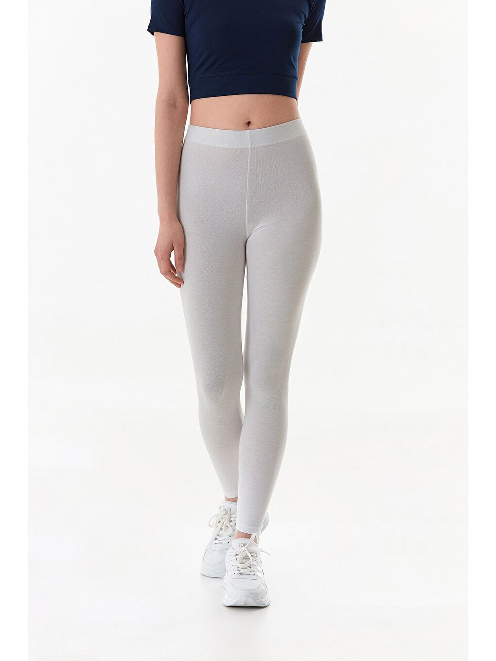 Beyaz Beli Lastikli Yüksek Bel Tayt-4