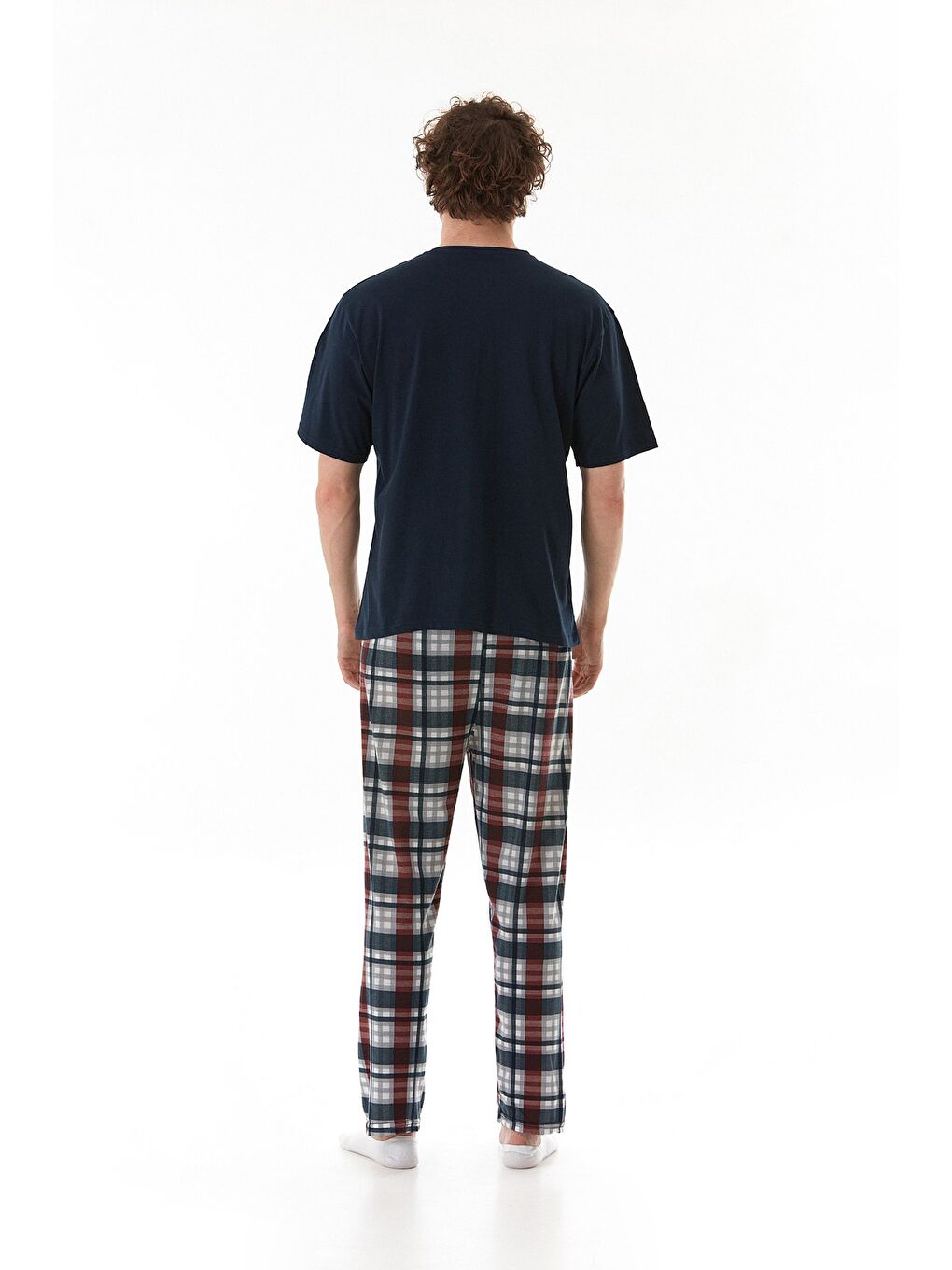 Mavi Ekose Desenli %100 Pamuk Pijama Takımı-4