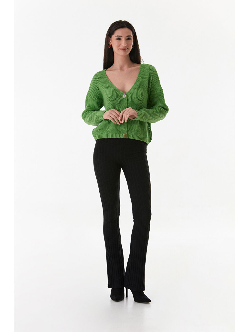 Yeşil Düğmeli V Yaka Triko Hırka-1