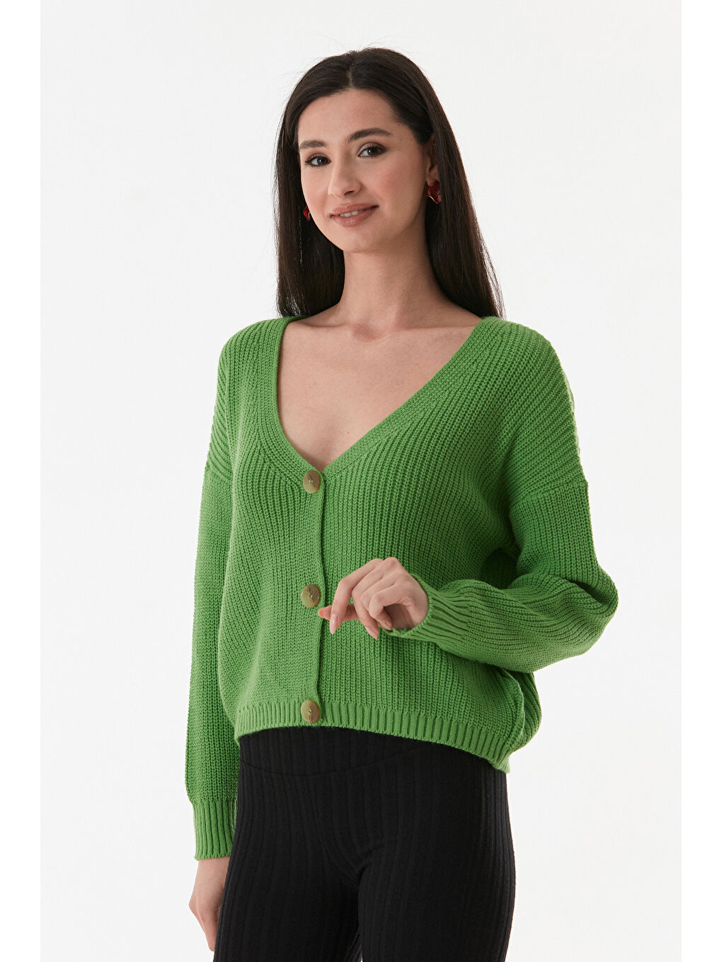 Yeşil Düğmeli V Yaka Triko Hırka-2