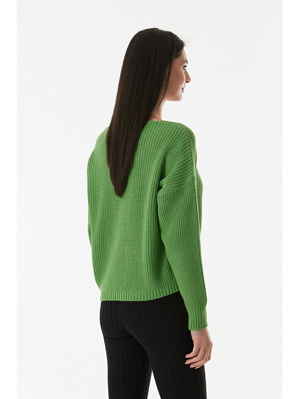 Yeşil Düğmeli V Yaka Triko Hırka-3