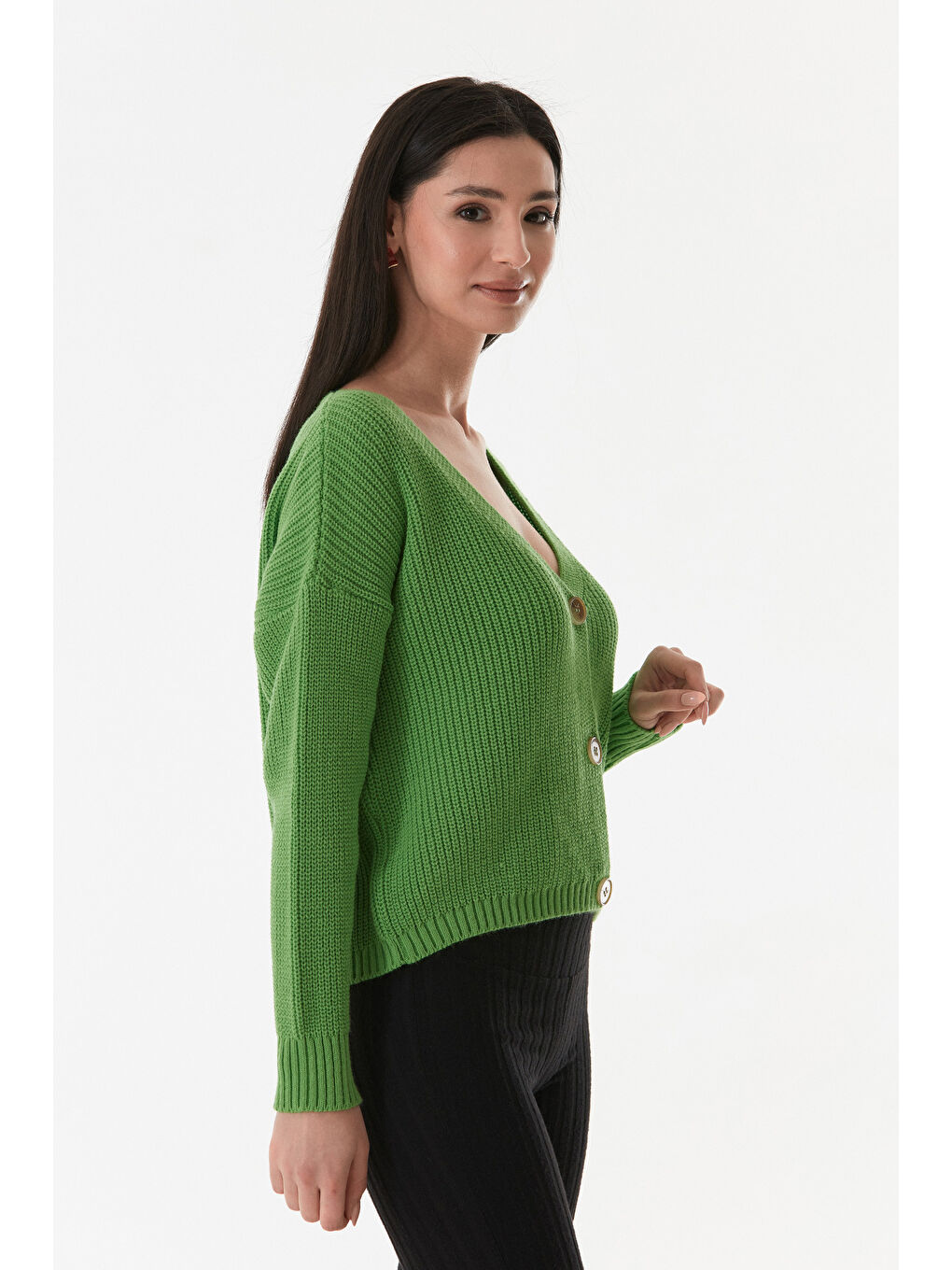 Yeşil Düğmeli V Yaka Triko Hırka-4