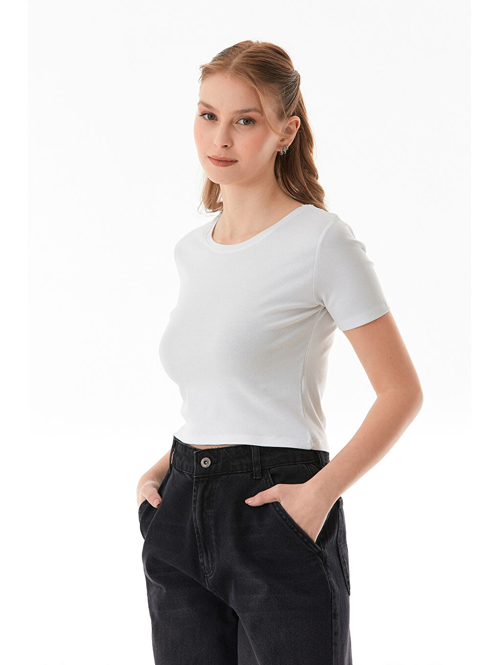 Ekru Basic Bisiklet Yaka Crop Tişört-1