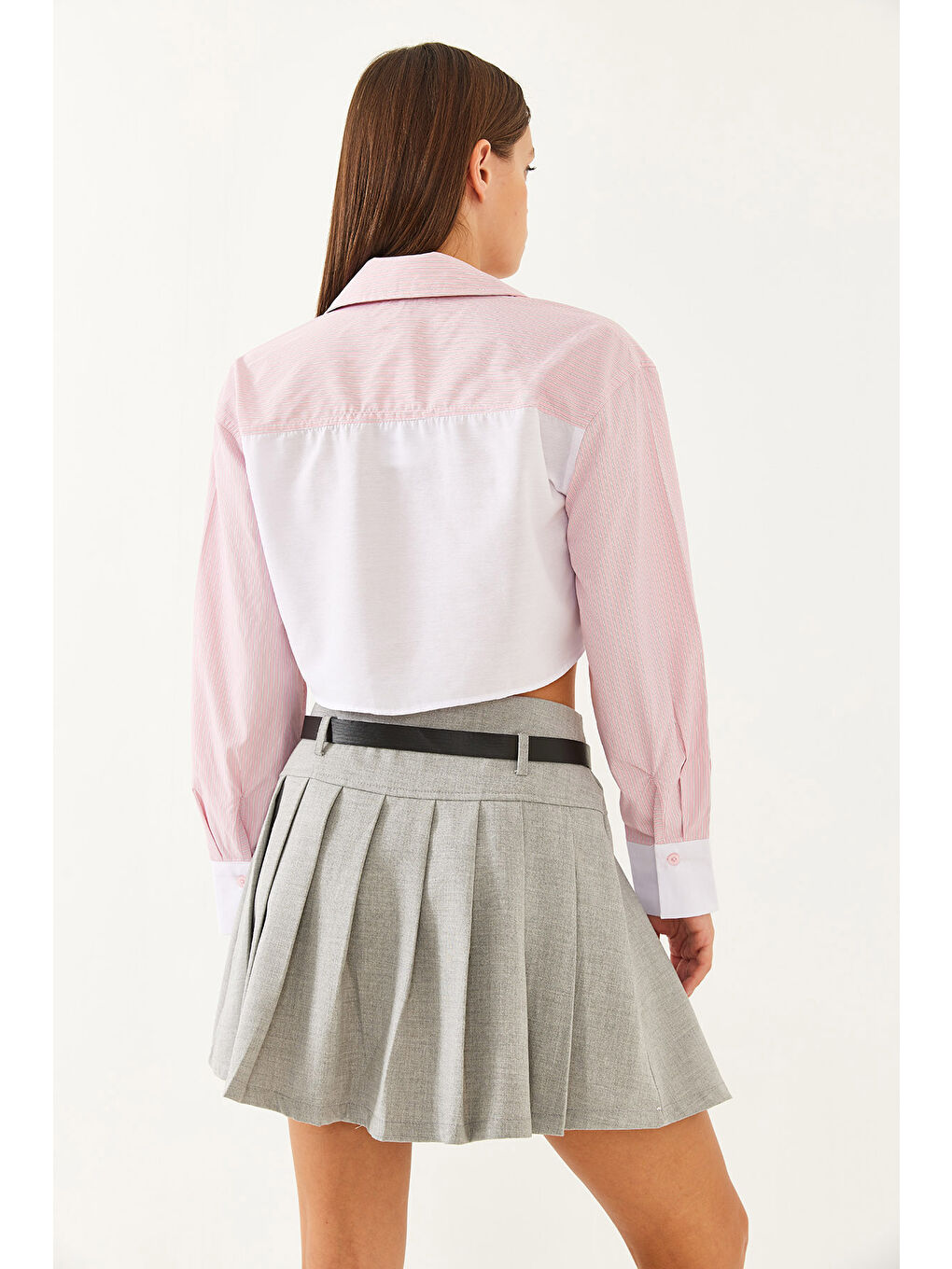 Gri Kadın Kemerli Pileli Bezayağı Etek-4