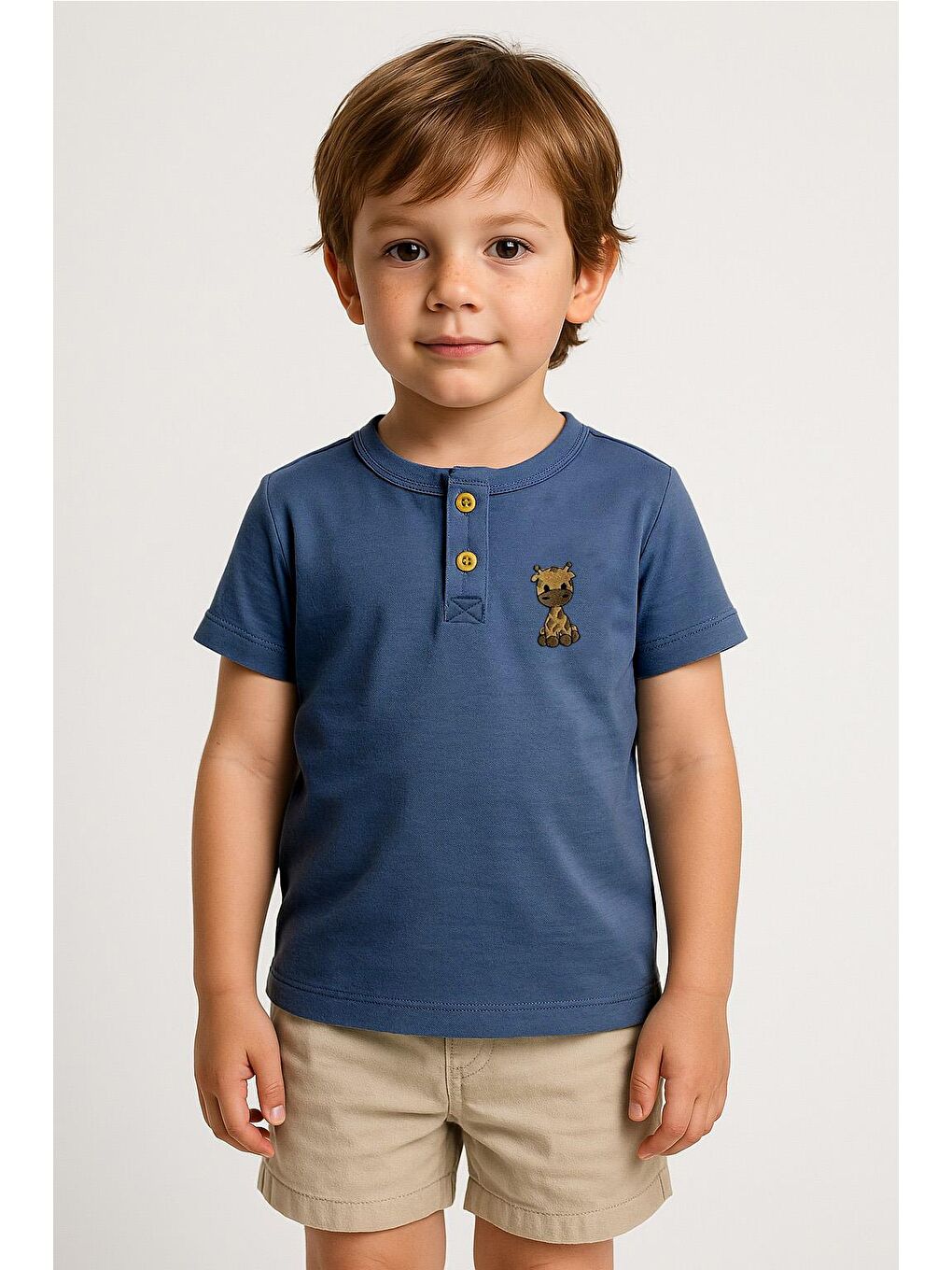 Lacivert Erkek Çocuk Zürafa Nakışlı Tişört (3-4 Yaş 8-9 Yaş)