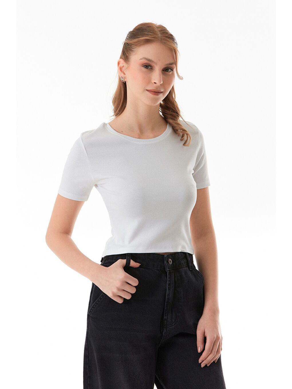 Ekru Basic Bisiklet Yaka Crop Tişört-4