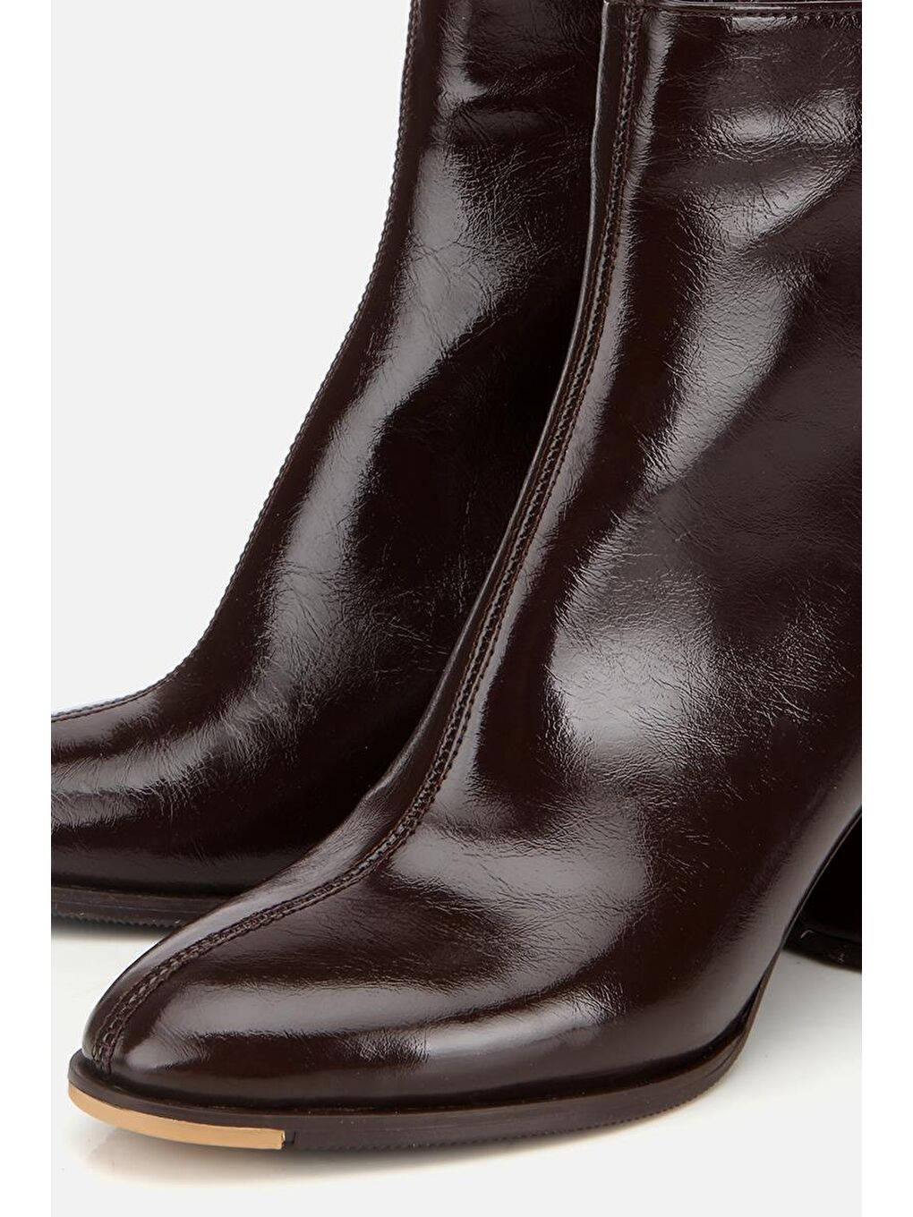 Kadın Rugan Kahverengi Fermuarlı Kalın Topuklu Bot-2