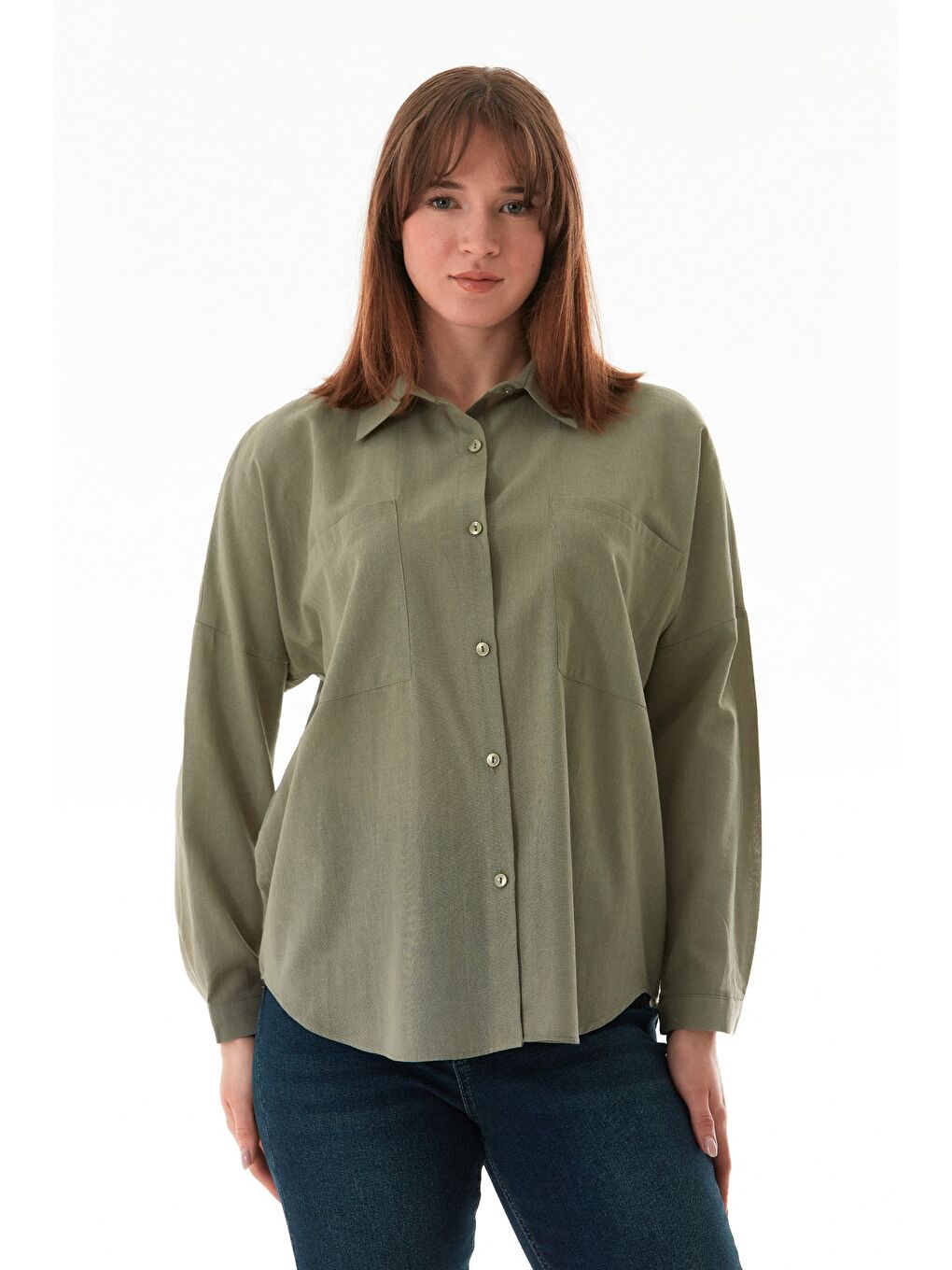 Haki Basic Çift Cepli Oversize Gömlek-1