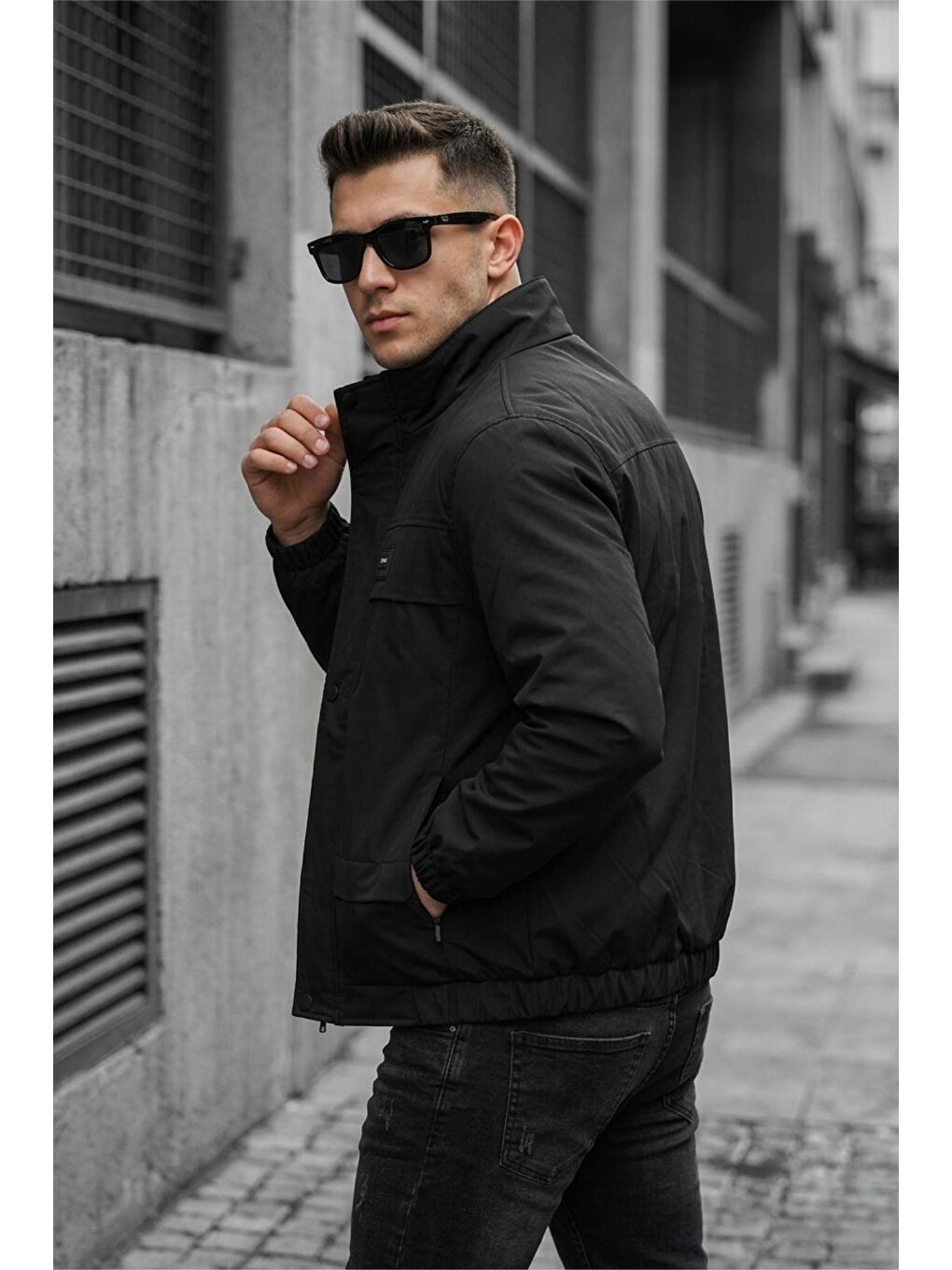 Siyah Trend Style Slim Fit Suya Dayanıklı Erkek Mevsimlik Ceket - Fermuarlı ve Cepli-2