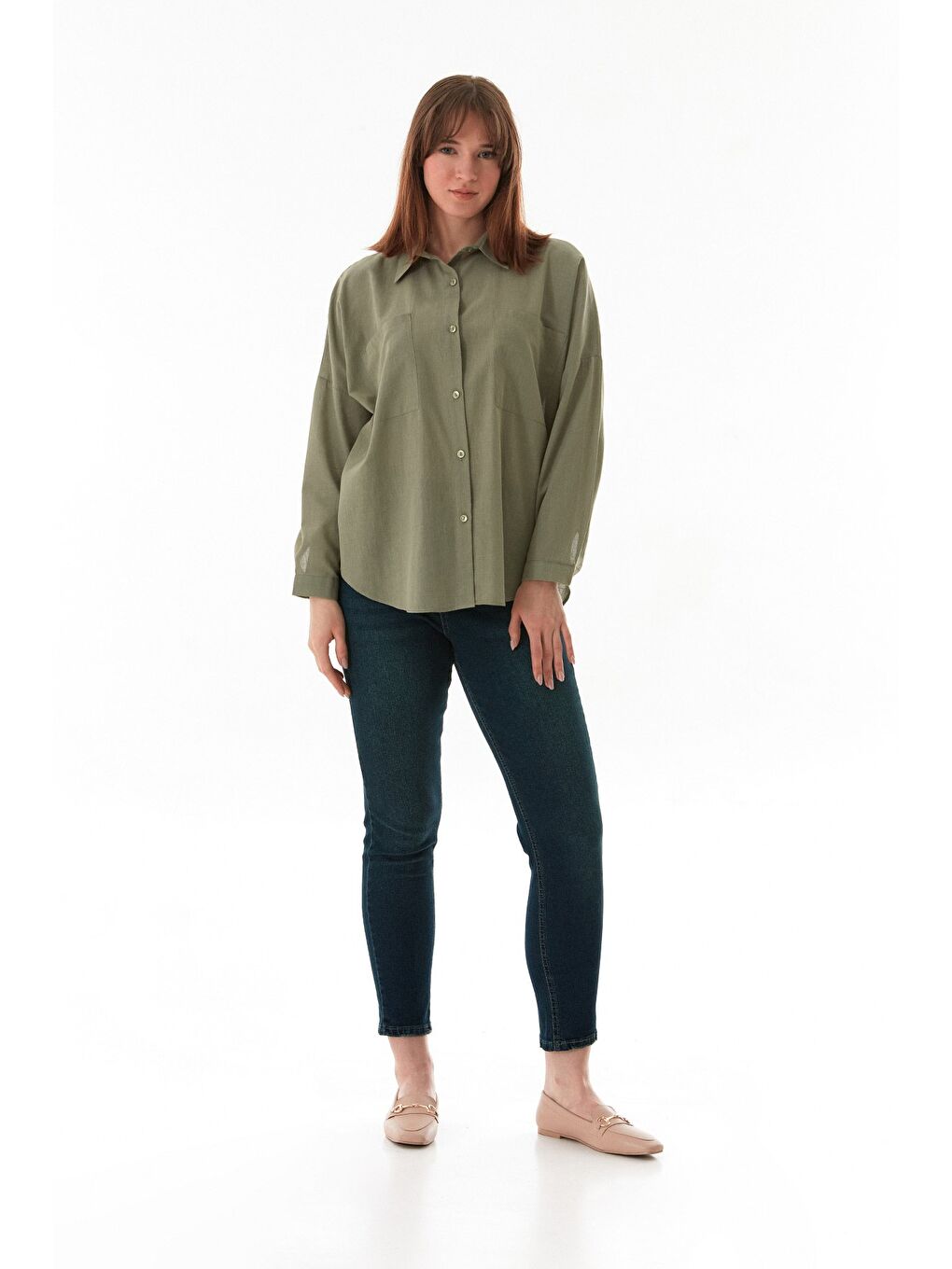 Haki Basic Çift Cepli Oversize Gömlek-3