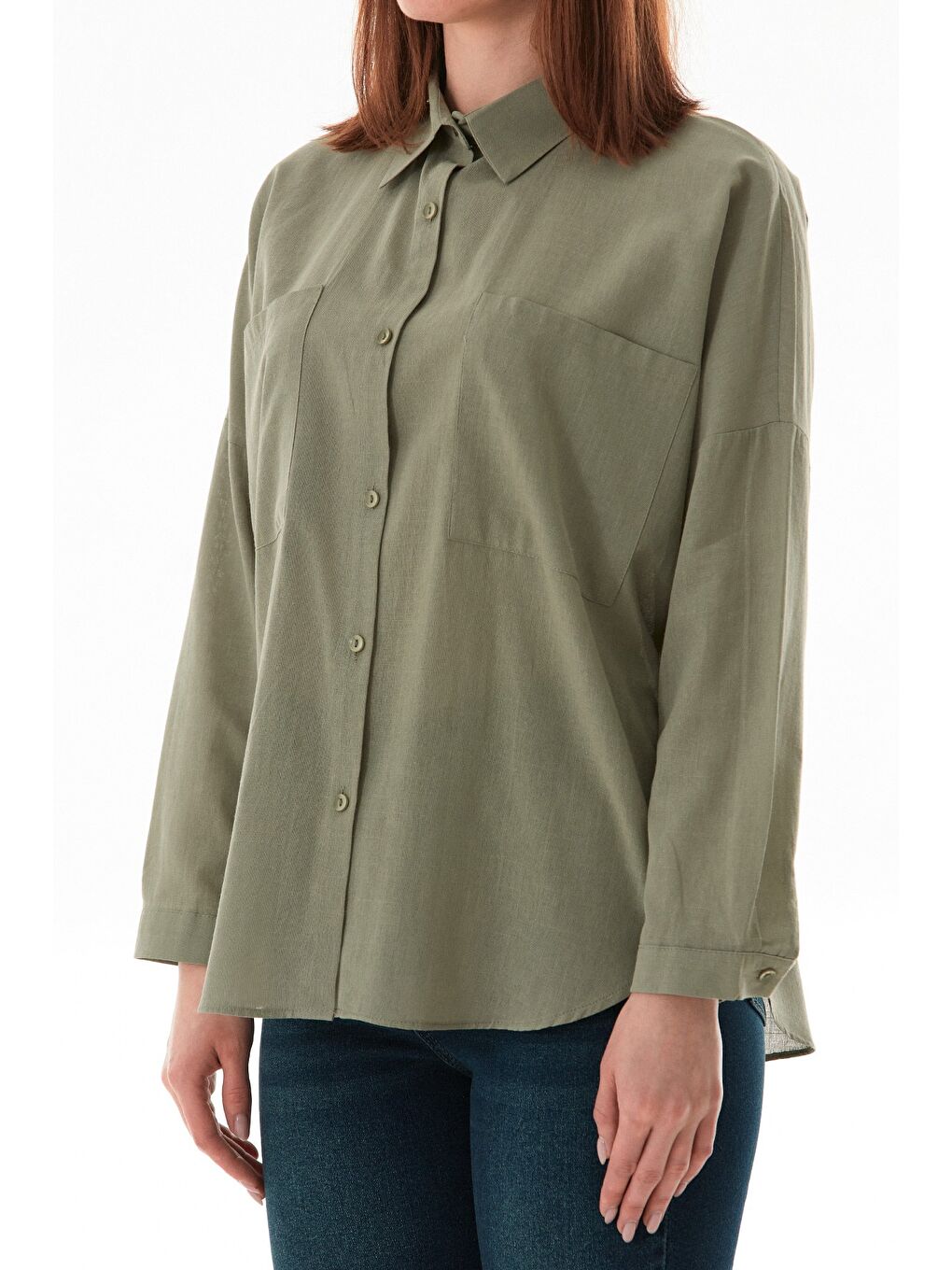 Haki Basic Çift Cepli Oversize Gömlek-4