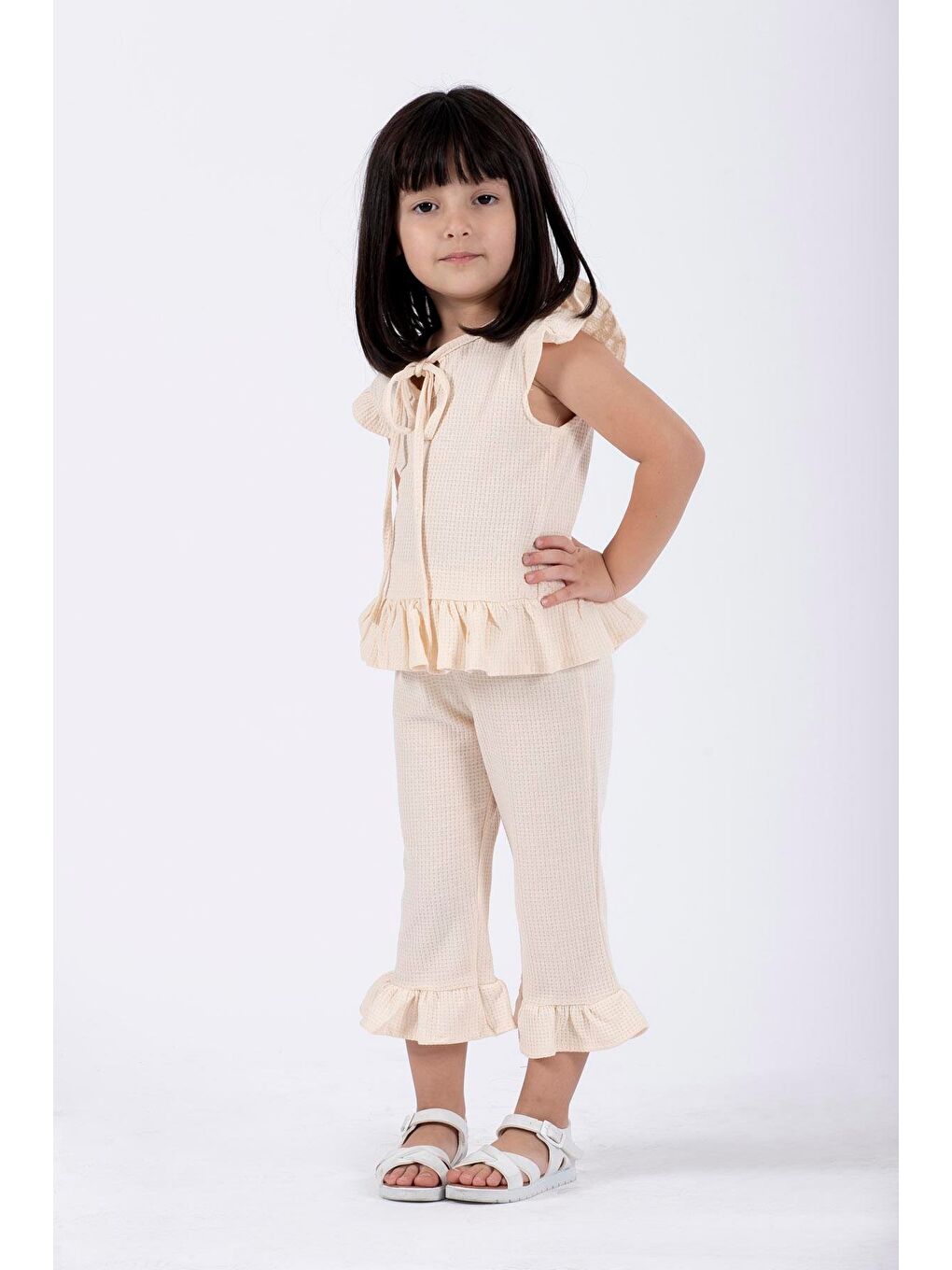 Ekru Bisiklet Yaka Kız Çocuk İkili Takım-1