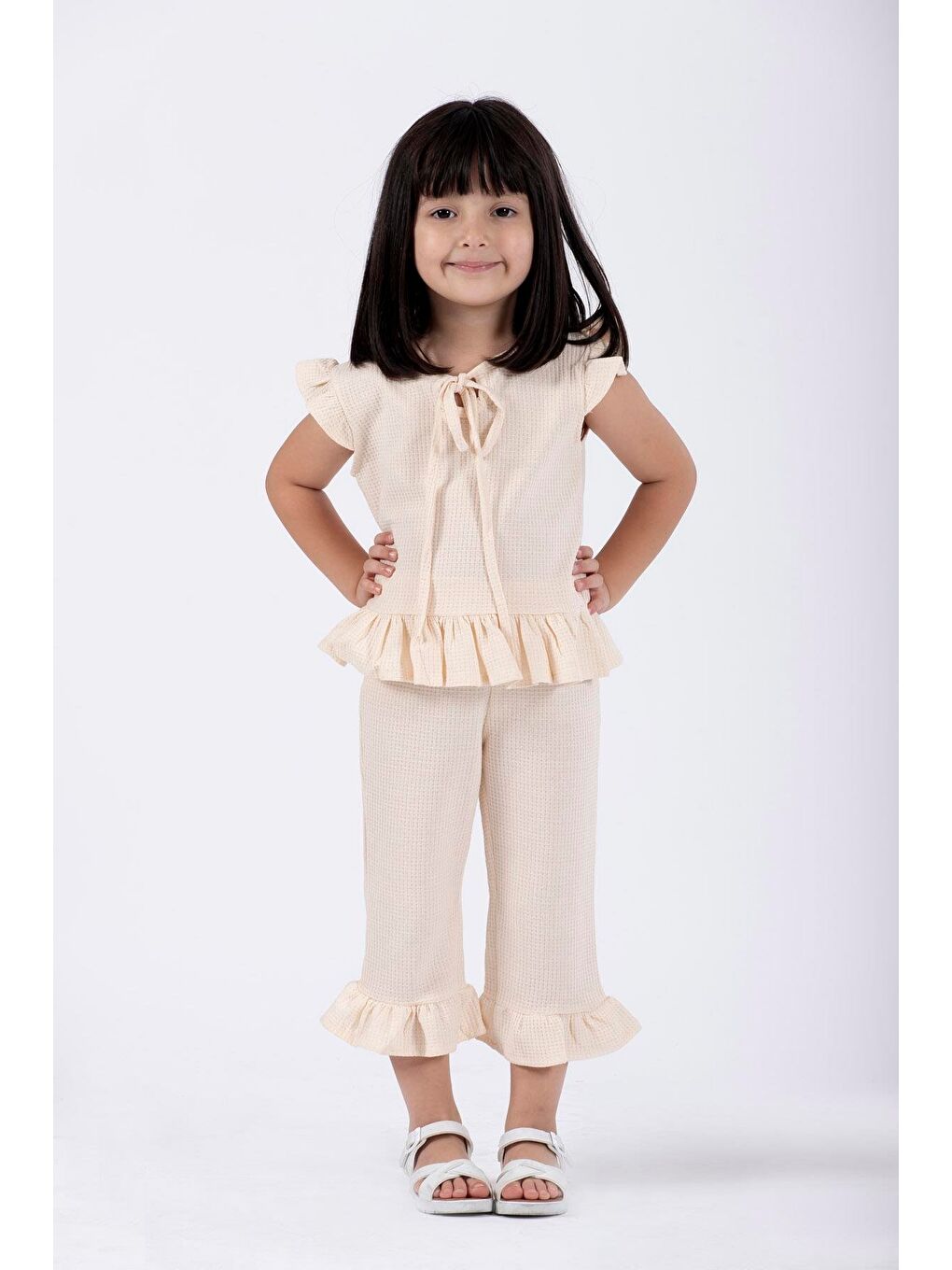 Ekru Bisiklet Yaka Kız Çocuk İkili Takım-2