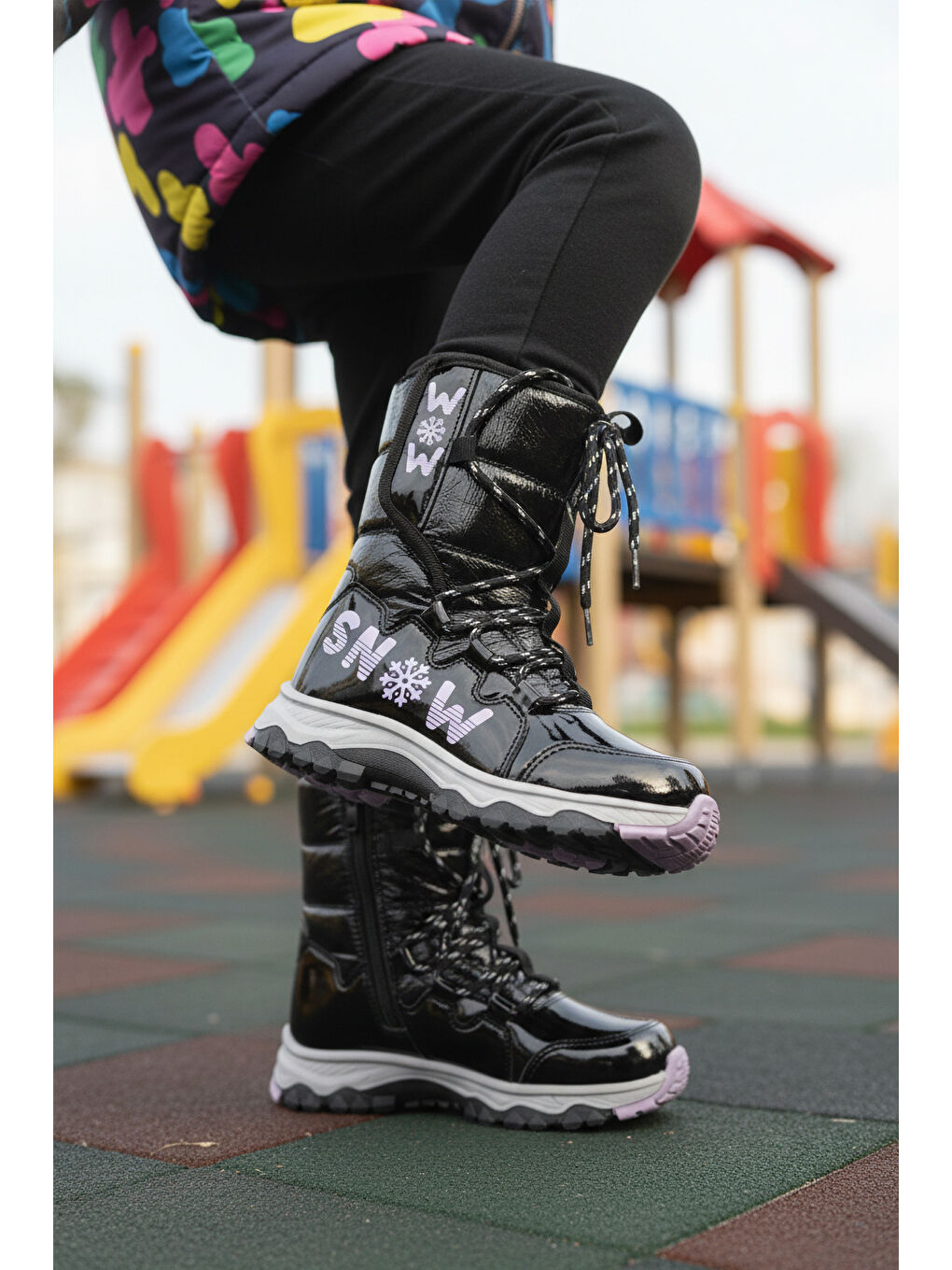 Siyah Lila Kaymaz Taban İçi Polarlı Kız Çocuk Kar Botu 24081 F-2