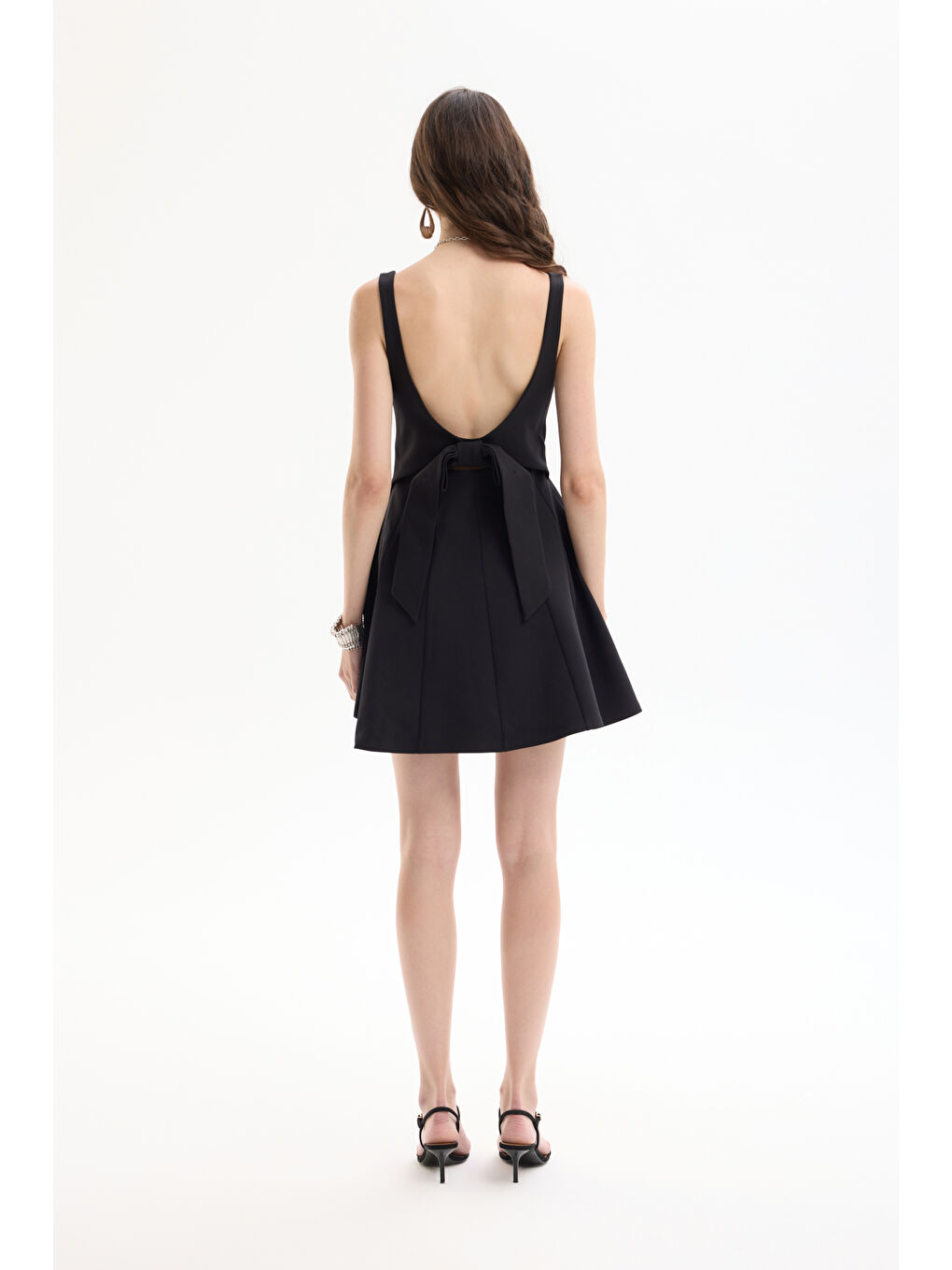 Sırtı Kurdele Detaylı Kare Yaka Mini Elbise Siyah-4
