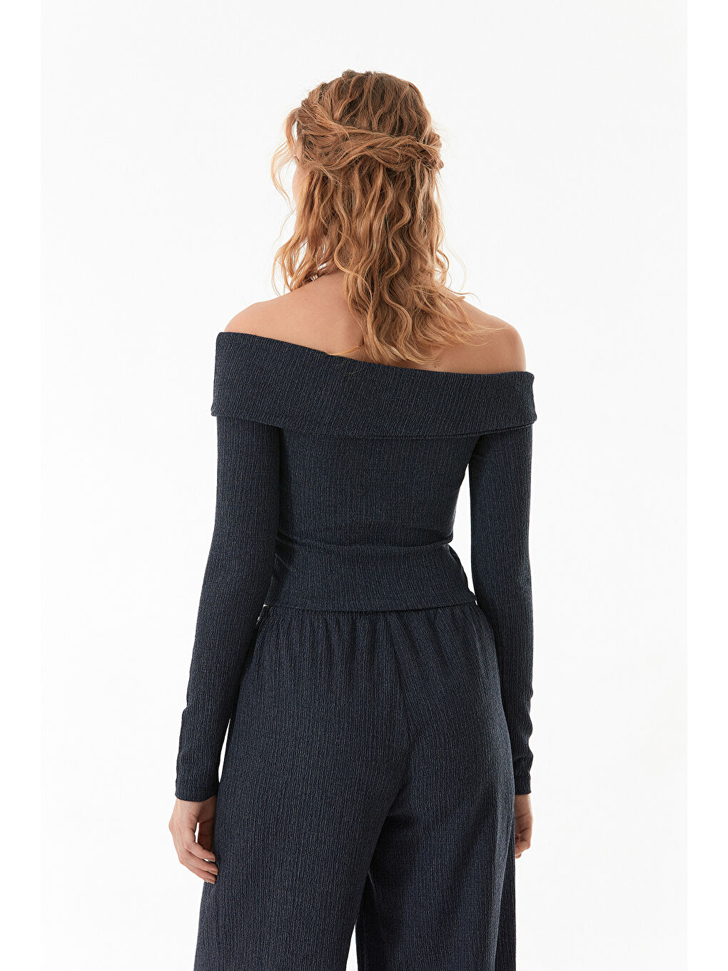 İndigo Bürümcük Kumaş Madonna Yaka Bluz-3