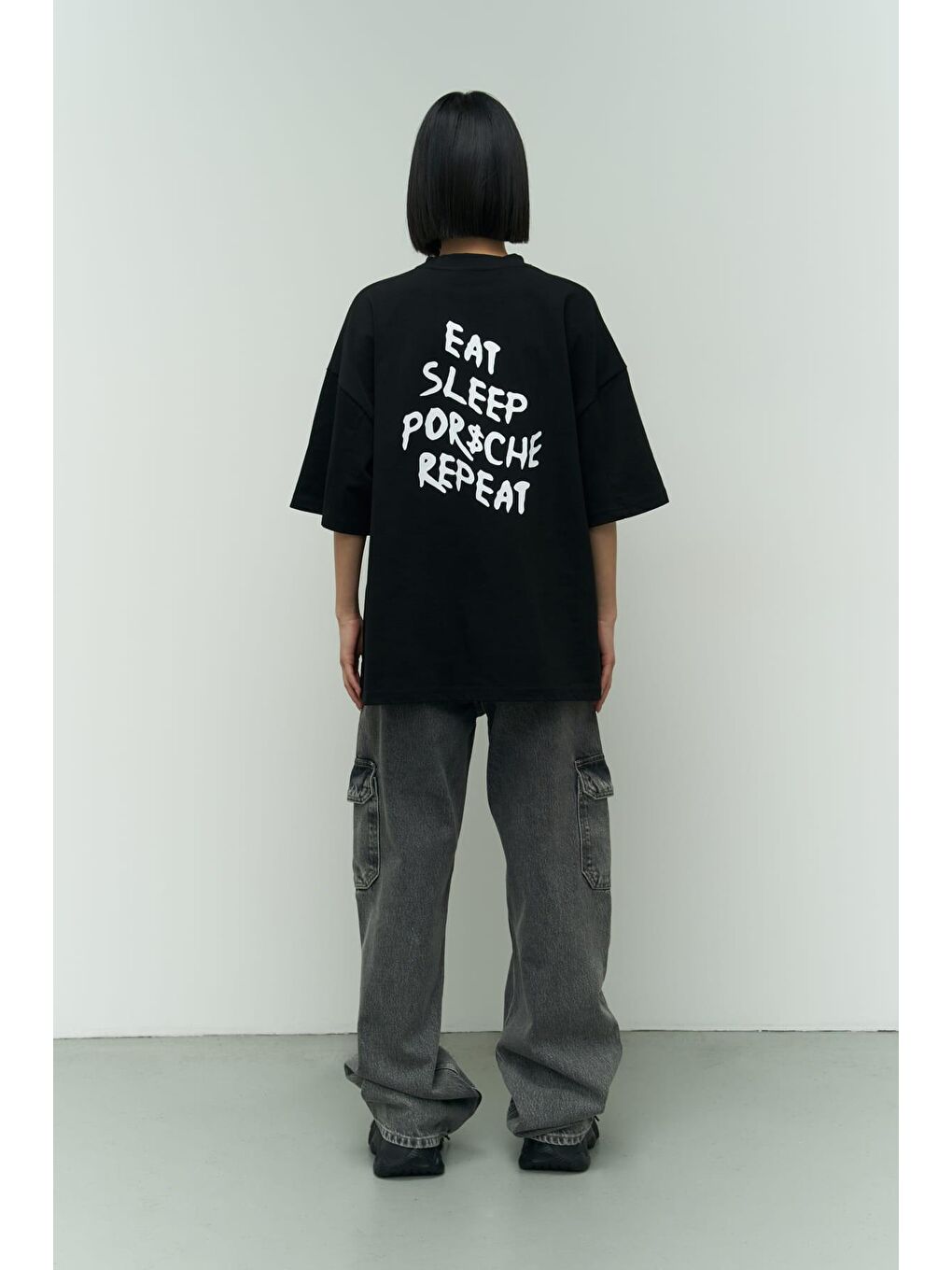 Mai Collection Eat Sleep Siyah Oversize T-Shirt