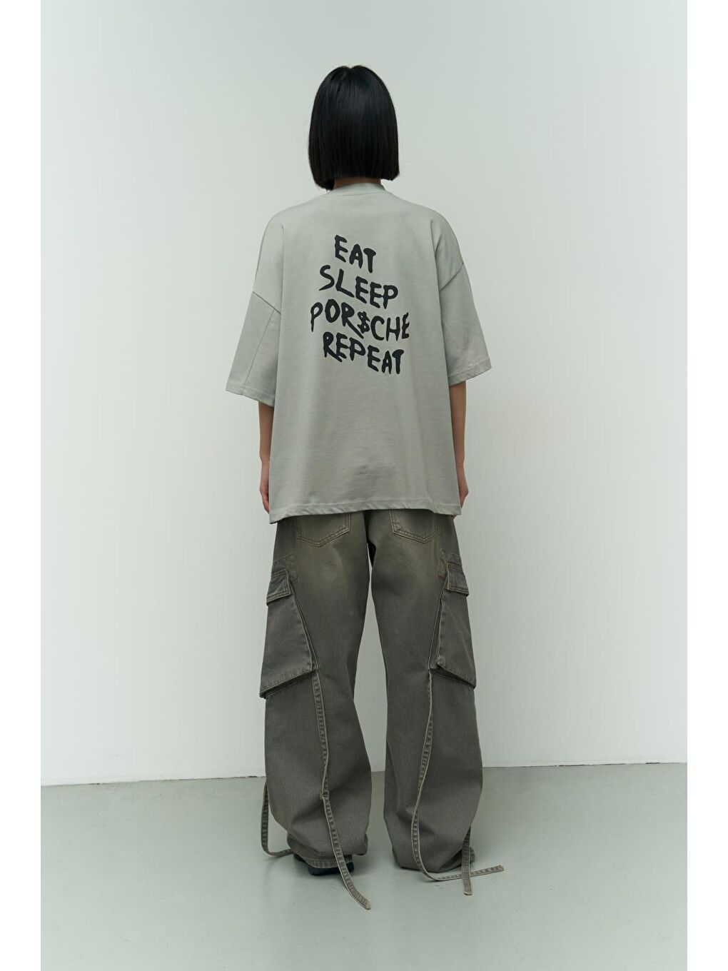 Mai Collection Gri Eat Sleep Duman Oversize T-Shirt