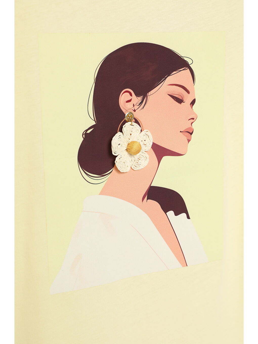 Kadın Figür Baskılı Yan Yırtmaçlı Oversize Tişört Sarı-3