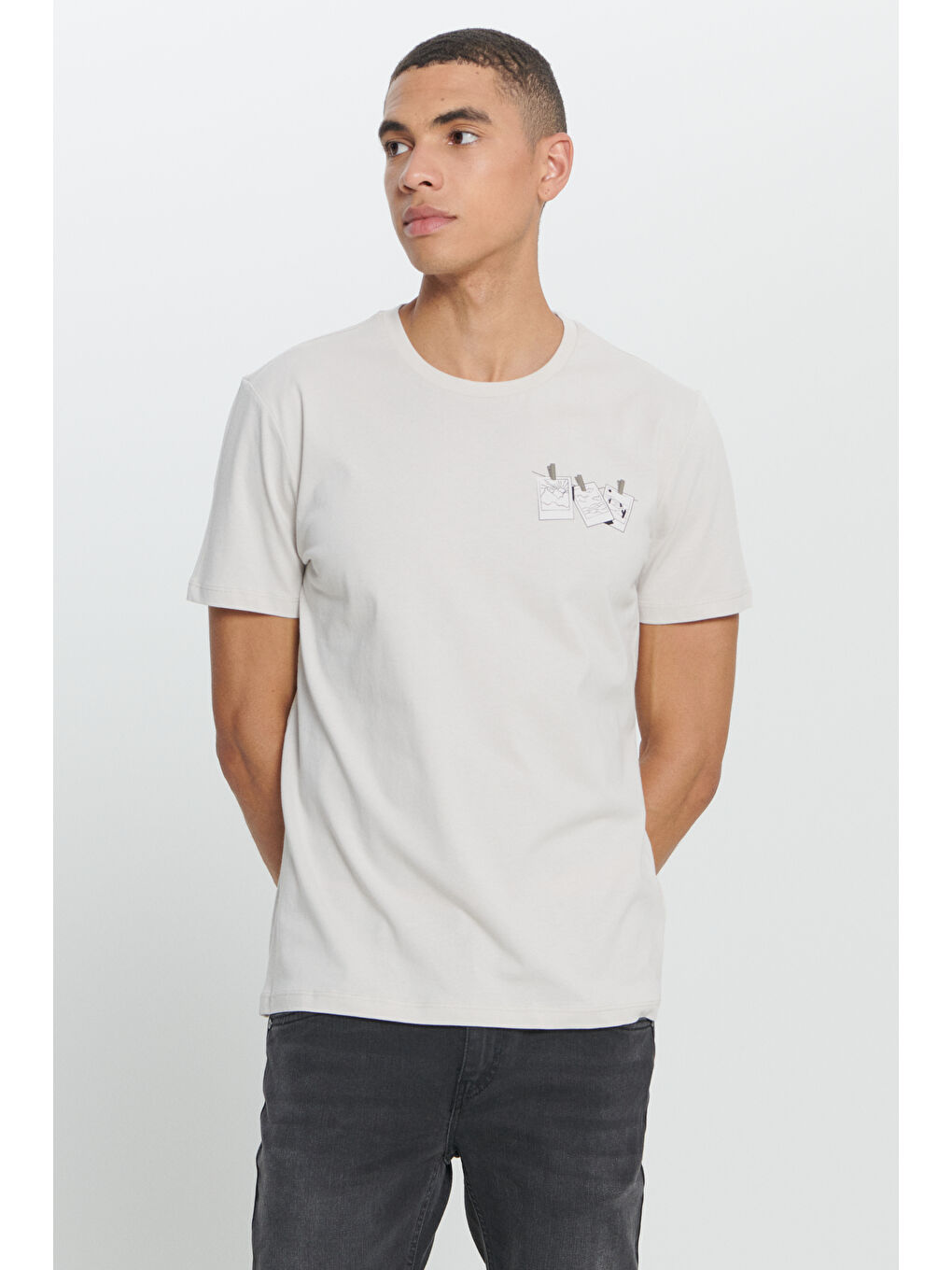 Erkek Gri Standart Fit Normal Kesim %100 Pamuk Bisiklet Yaka Tişört-2