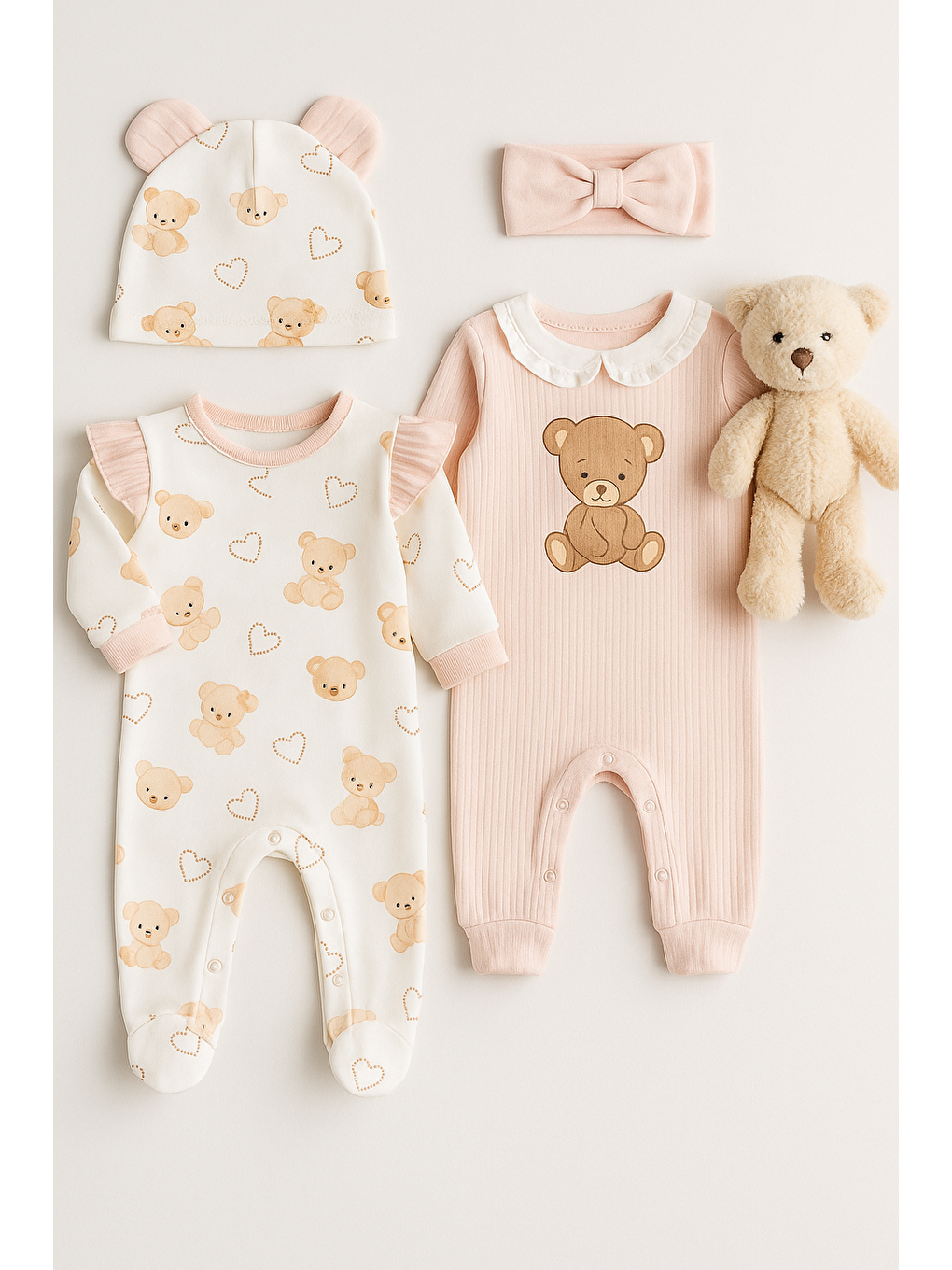 Pembe Kız Bebek Ayıcık Desenli 4 Parça Tulum Takımı Şapkalı Saç Bandlı Lüx-1