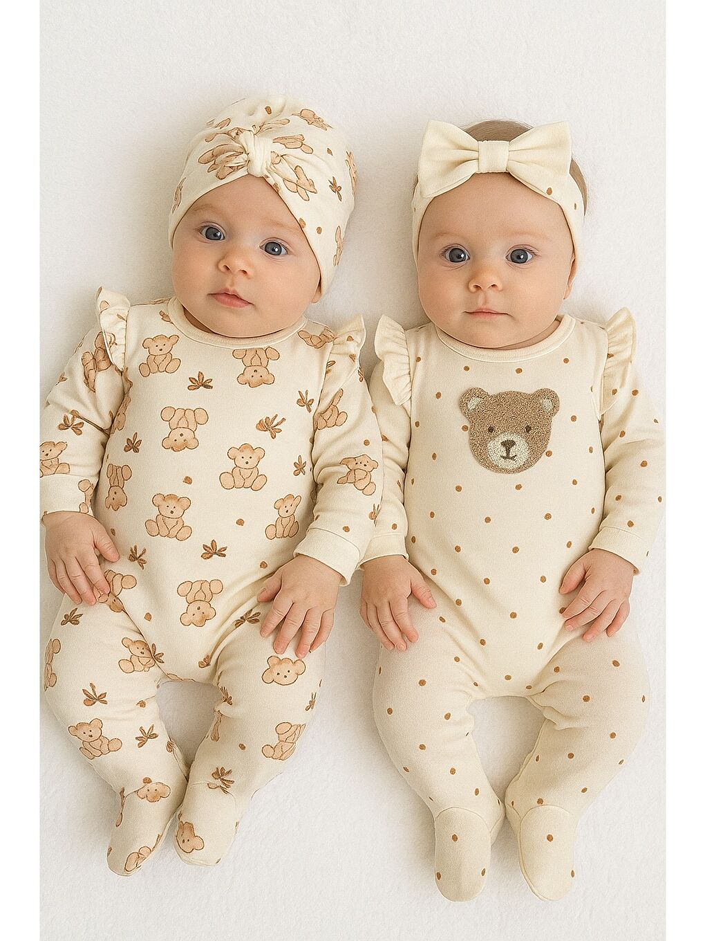 Ekru Kız Bebek Lüx Organik Naturel Ayıcık 4 Parça Tulum Takımı Şapka Saç Bandı Yenidoğan Kıyafeti