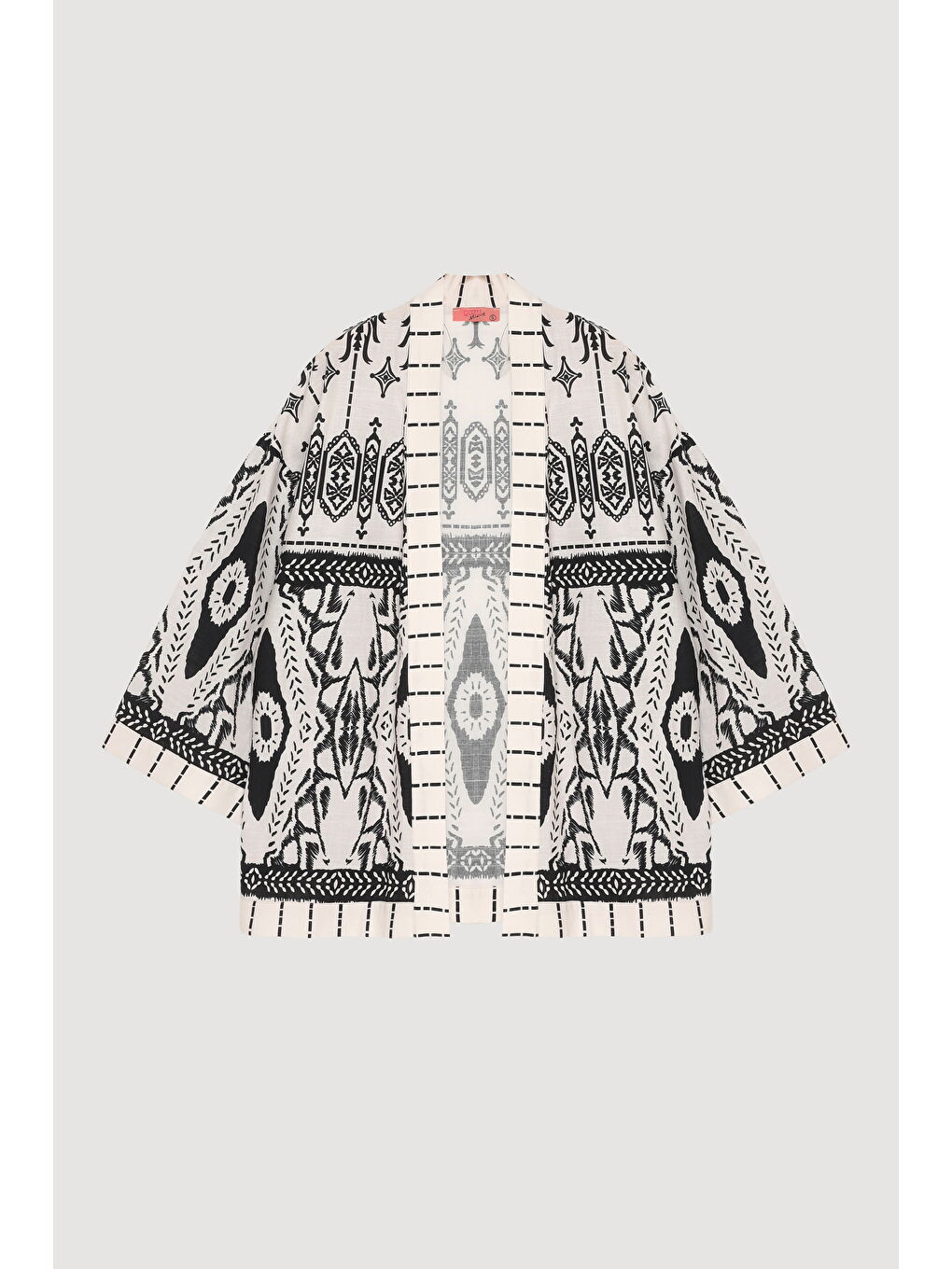 Bohem Desenli Şal Yaka Kısa Kimono Ekru-1
