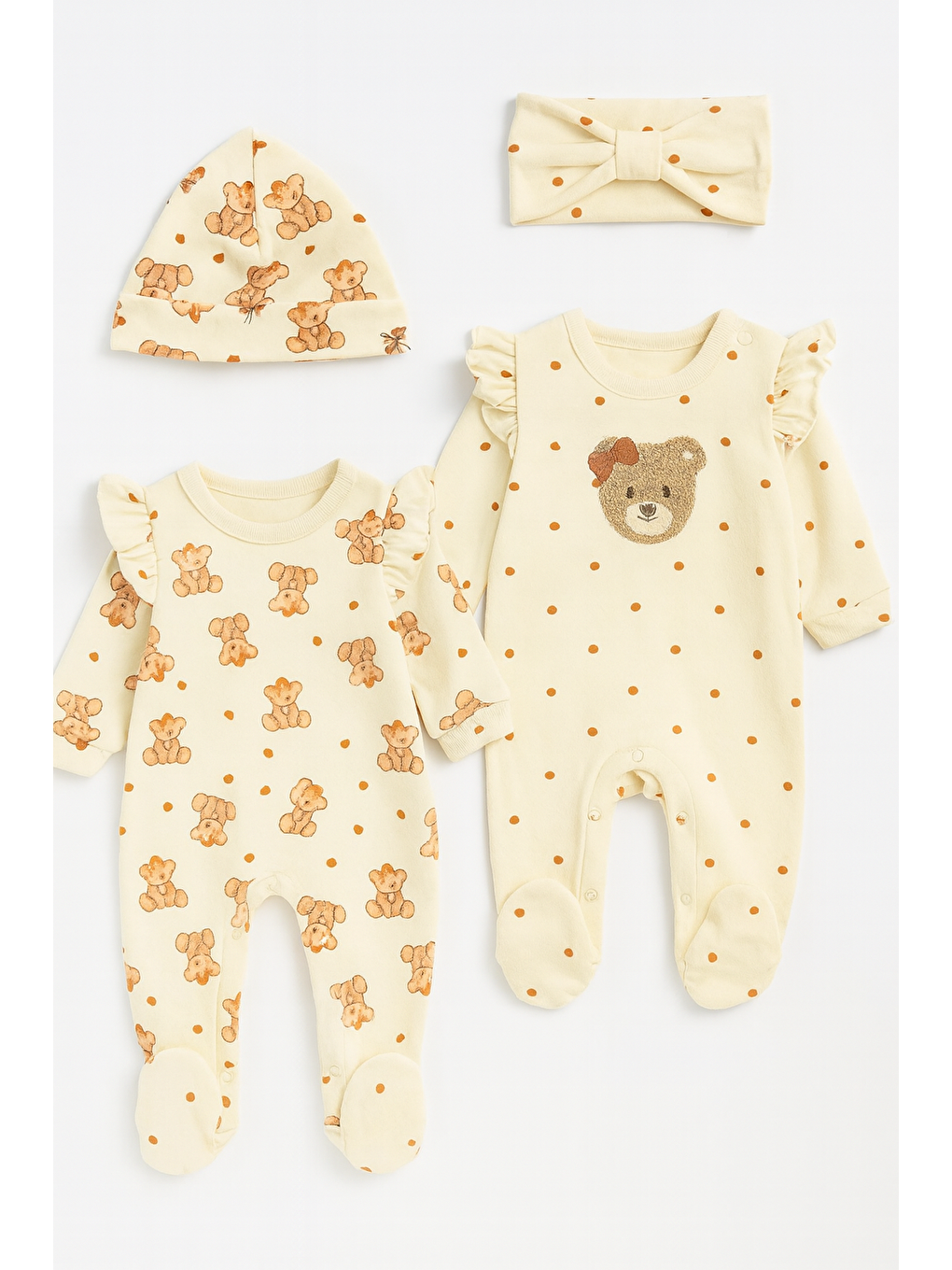 Ekru Kız Bebek Lüx Organik Naturel Ayıcık 4 Parça Tulum Takımı Şapka Saç Bandı Yenidoğan Kıyafeti-1