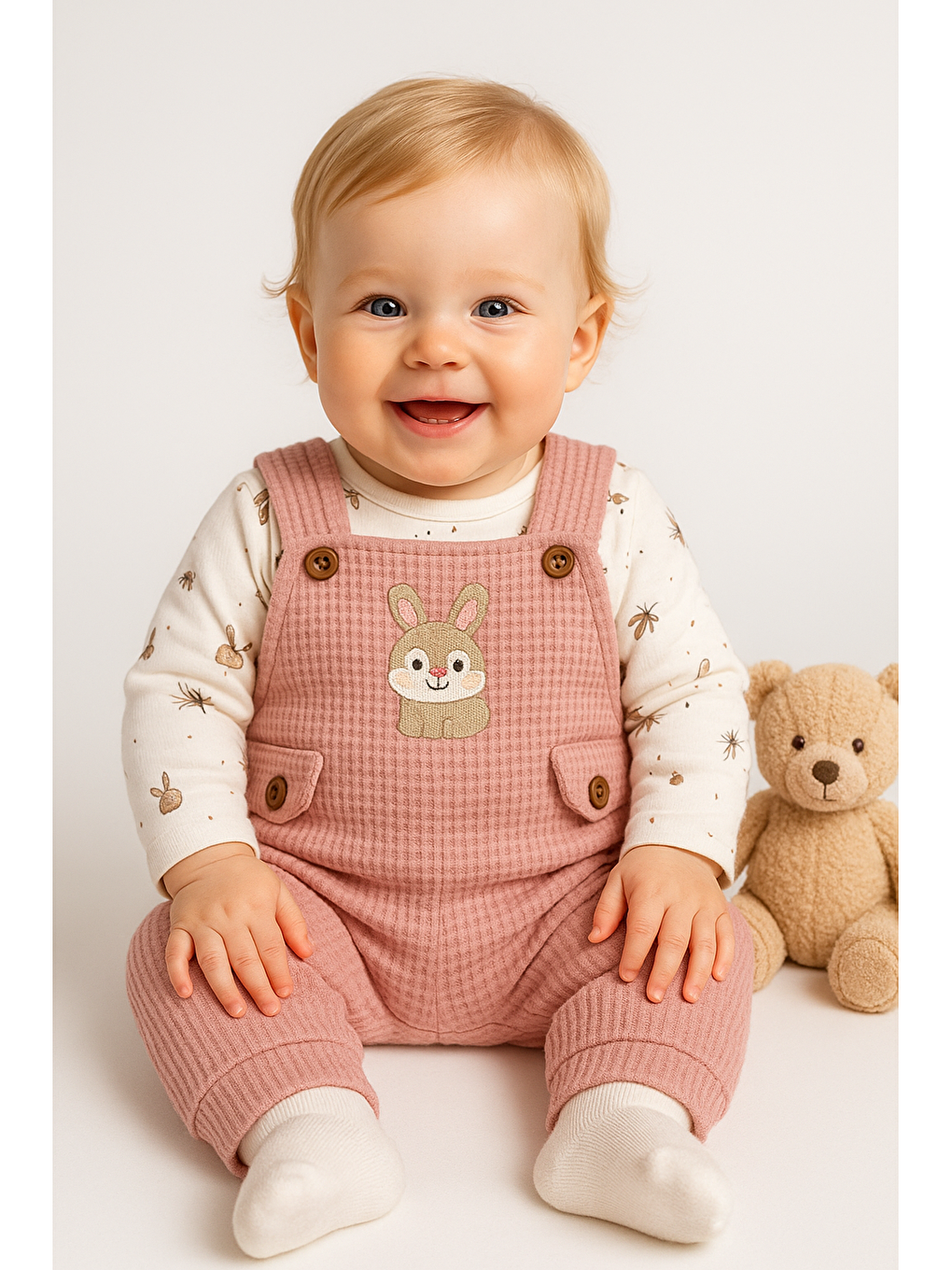 Pembe Kız Bebek Tavşan Nakışlı 2li Salopet Takımı Uzun Kol Çıtçıtlı Yenidoğan Kıyafeti Çorap Hediye