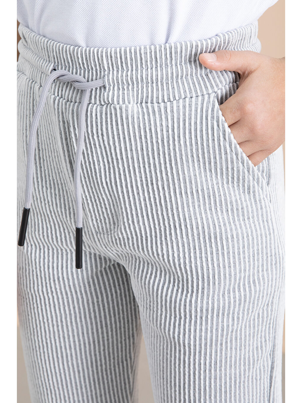 Fitilli Gri Çizgili Erkek Çocuk Beli Lastikli Pantolon 20379-2