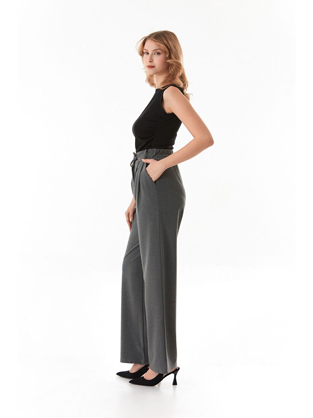 Antrasit Beli Bağcıklı Düğmeli Cepli Palazzo Pantolon-1