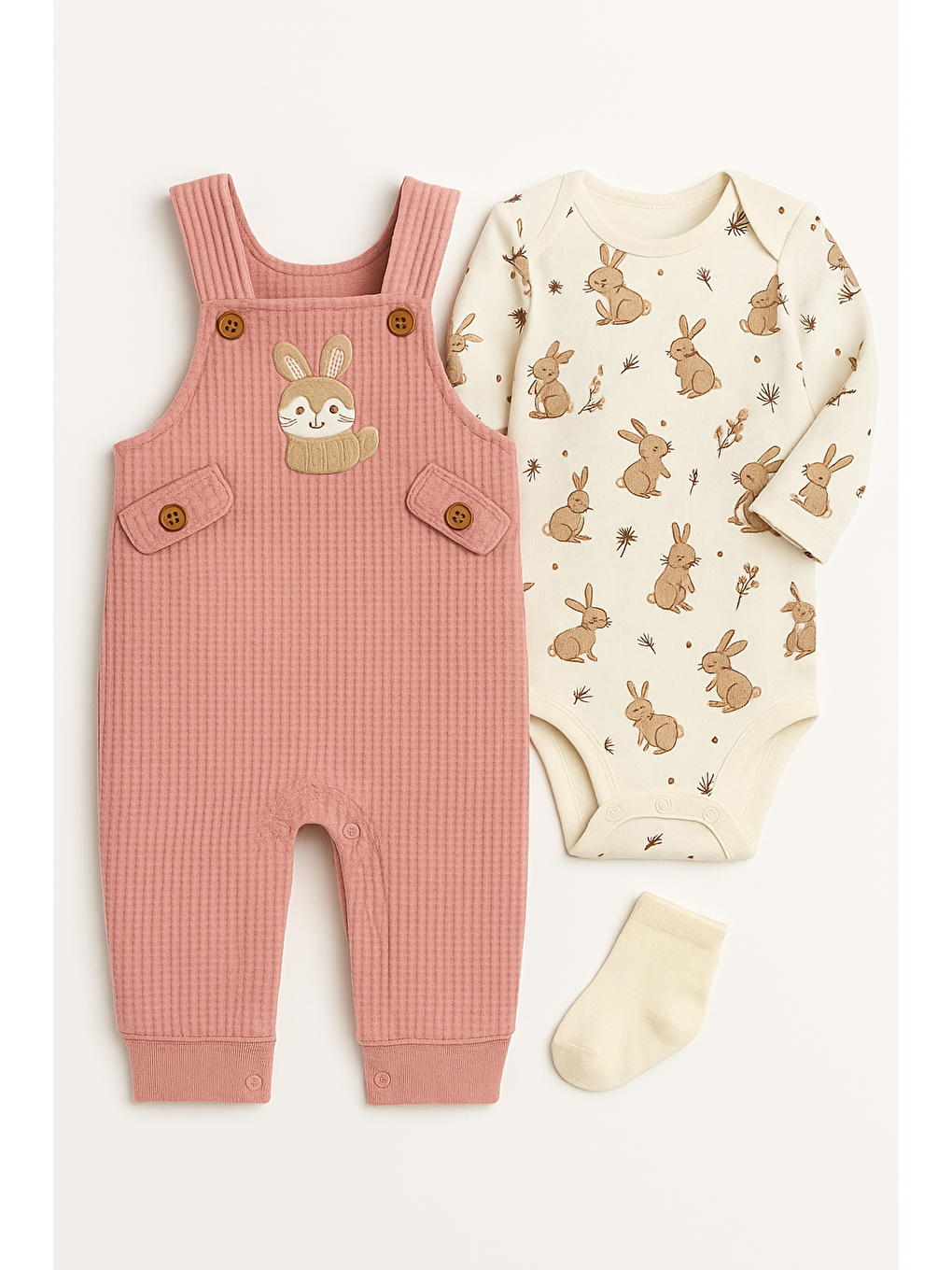 Pembe Kız Bebek Tavşan Nakışlı 2li Salopet Takımı Uzun Kol Çıtçıtlı Yenidoğan Kıyafeti Çorap Hediye-1