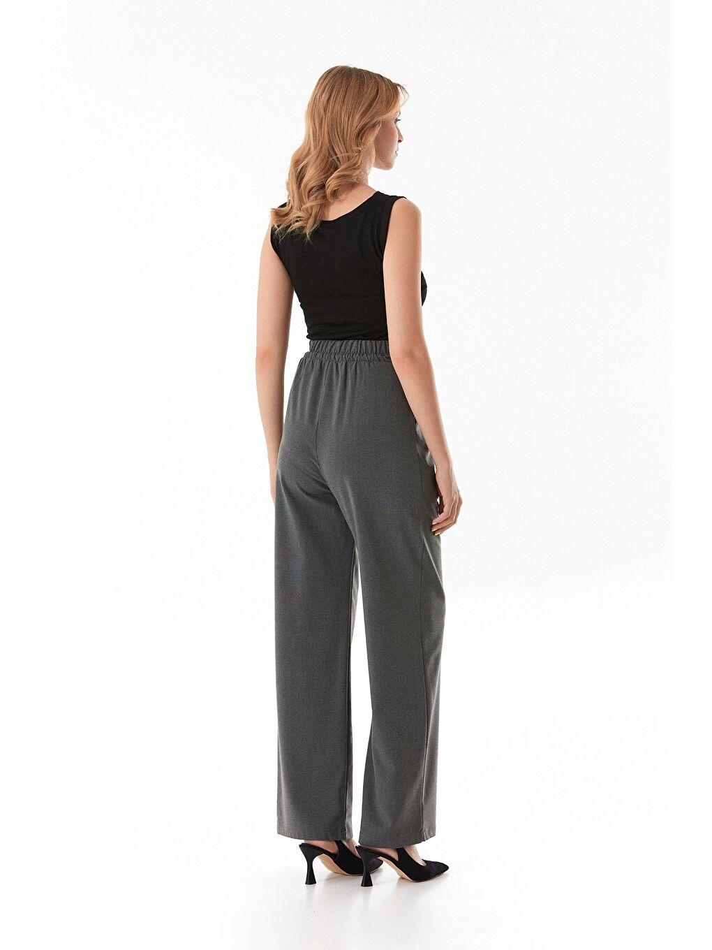 Antrasit Beli Bağcıklı Düğmeli Cepli Palazzo Pantolon-2