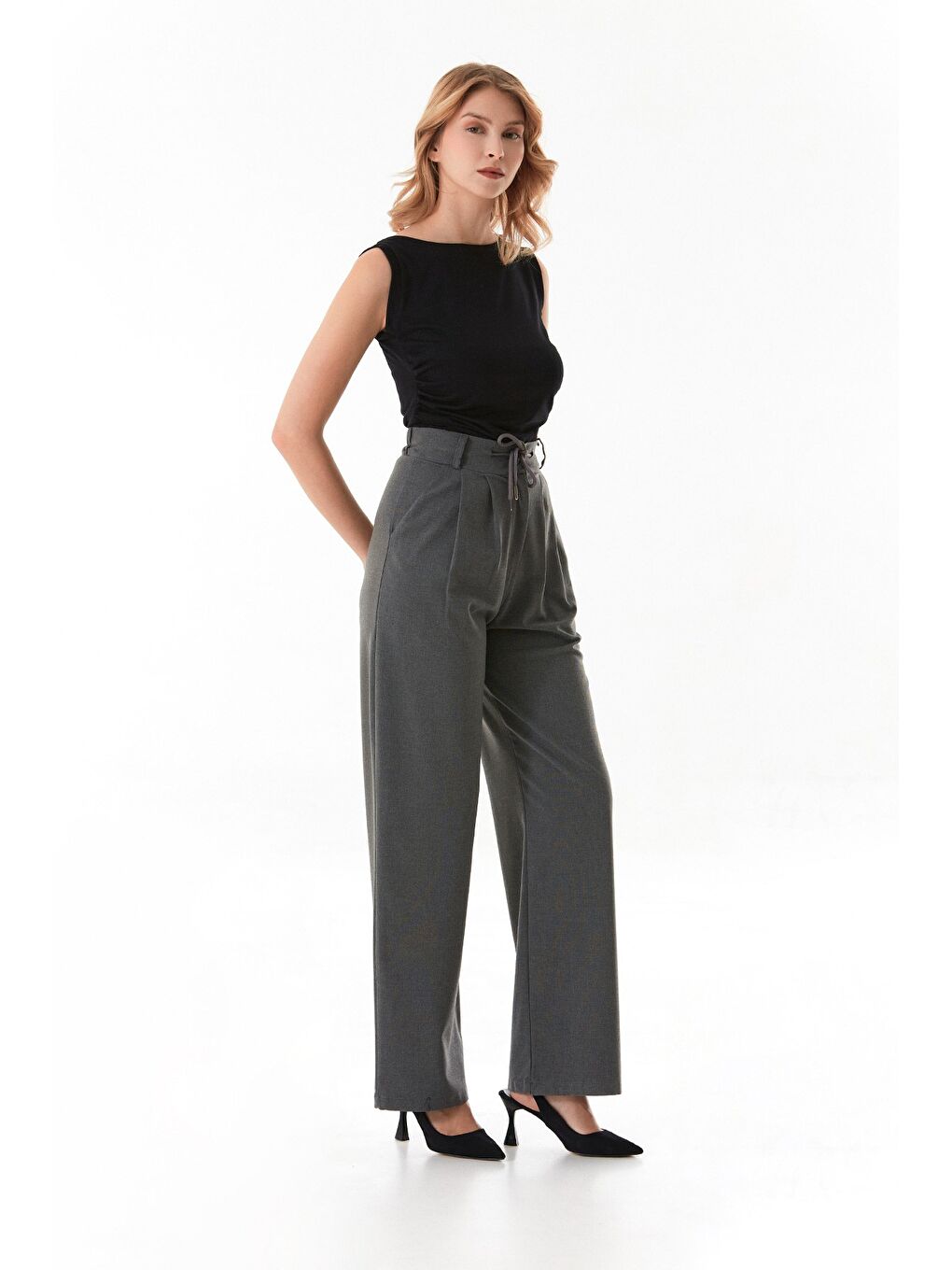 Antrasit Beli Bağcıklı Düğmeli Cepli Palazzo Pantolon-4